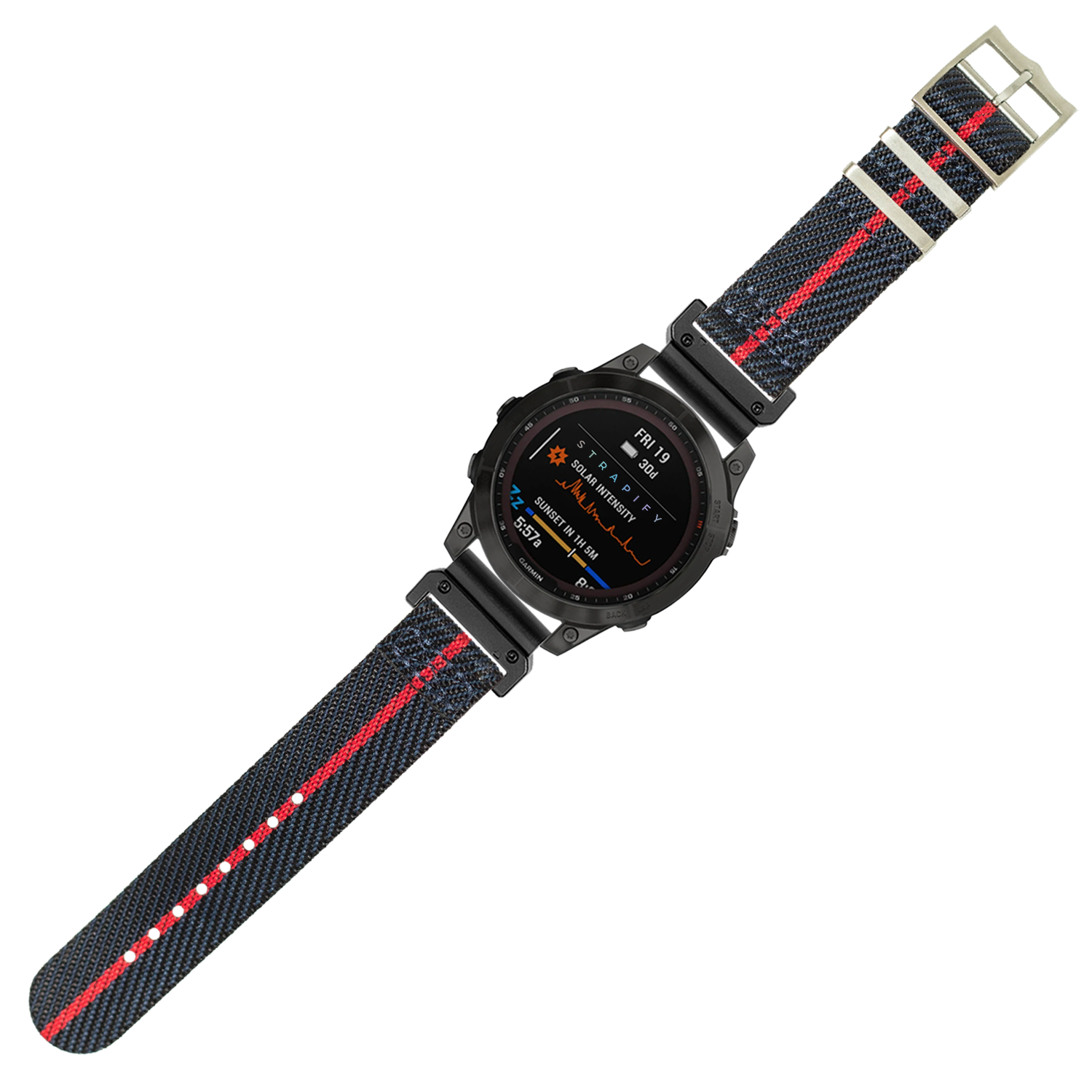Black smartwatch with AMOLED display and military-style nylon strap featuring red and blue stripes with quick-fit 26mm band