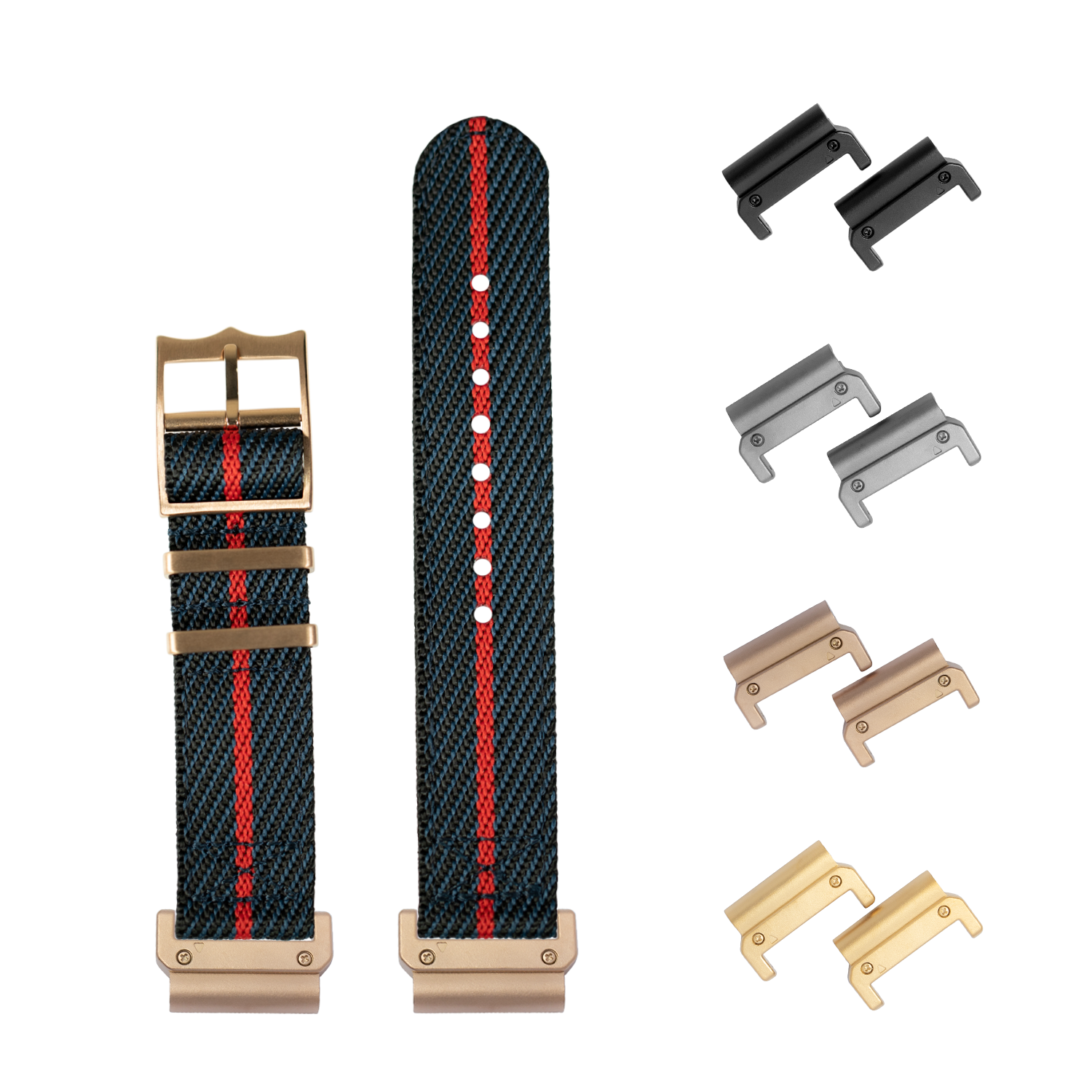 QuickFit Cross Militex night blue and red nylon watch strap with rose gold hardware and interchangeable lugs, 26mm
