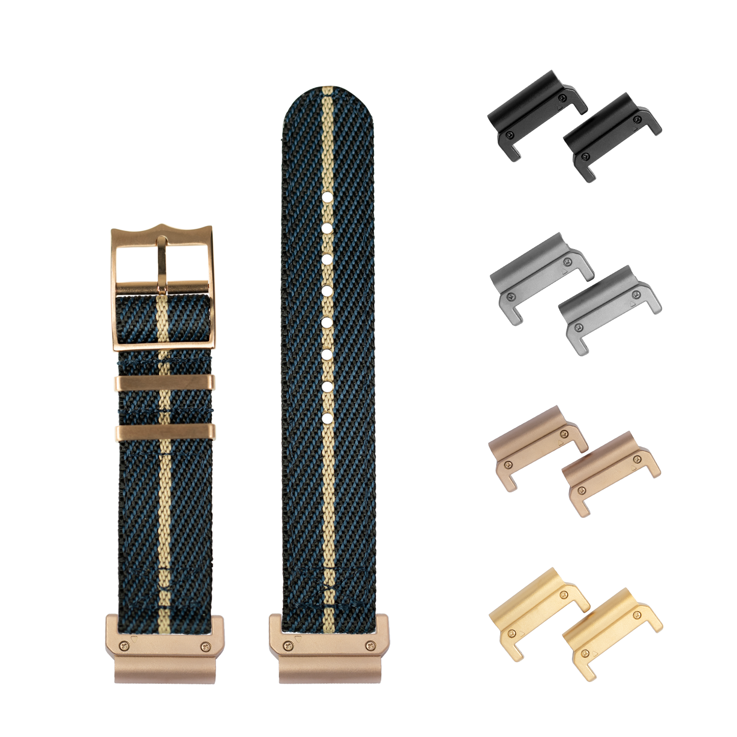QuickFit Cross Militex night blue wheat fabric watch band 26mm with rose gold hardware and interchangeable connector bars