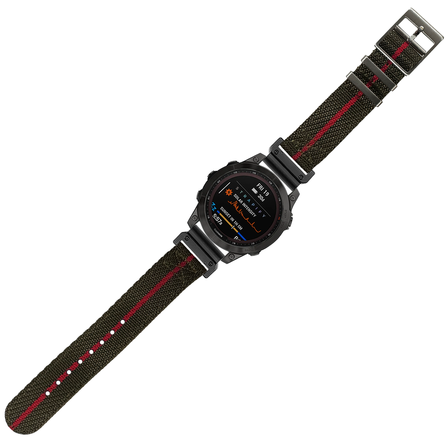 QuickFit Cross Militex olive green and red 26mm watch band with black digital smartwatch and metal hardware