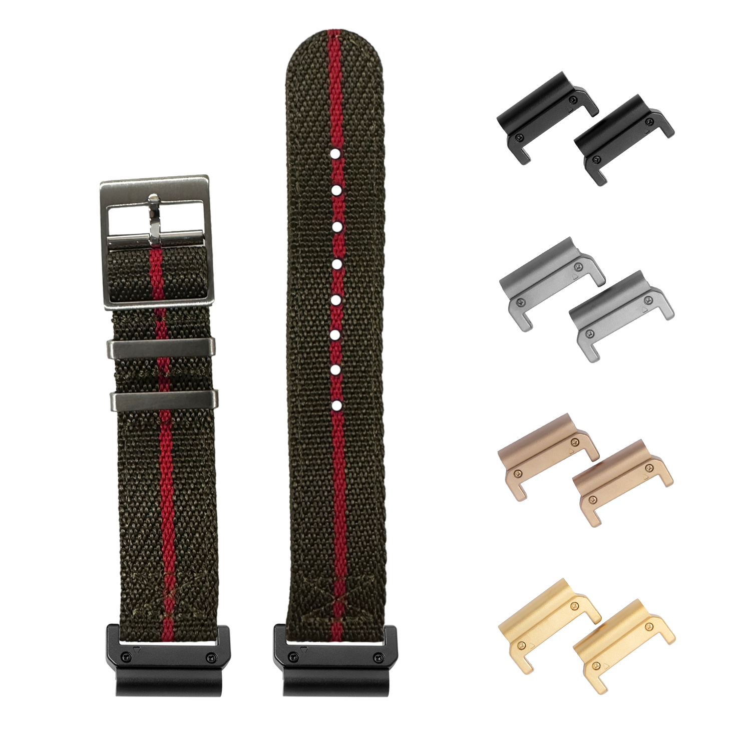 QuickFit Cross Militex olive green fabric watch strap with red stripe, 26mm, featuring interchangeable metal lugs in black, silver, bronze and gold finishes