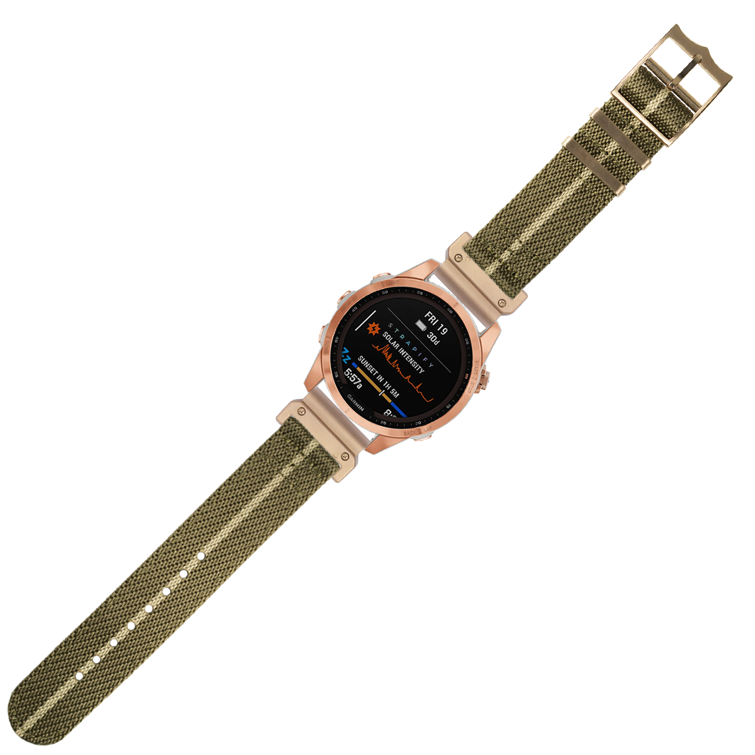 Rose gold smartwatch with olive green fabric quick-release band and black AMOLED display showing health metrics