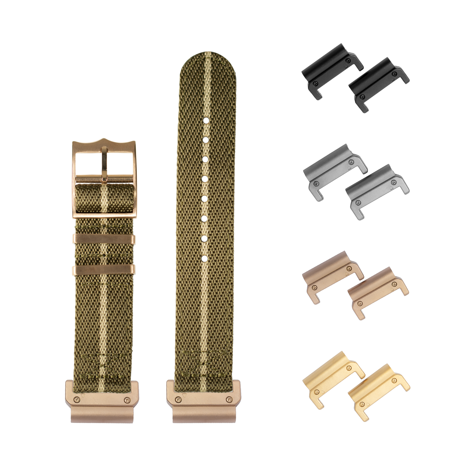 QuickFit Cross Militex olive green and wheat 26mm watch band with interchangeable metal end link hardware in black, silver, bronze and gold finishes