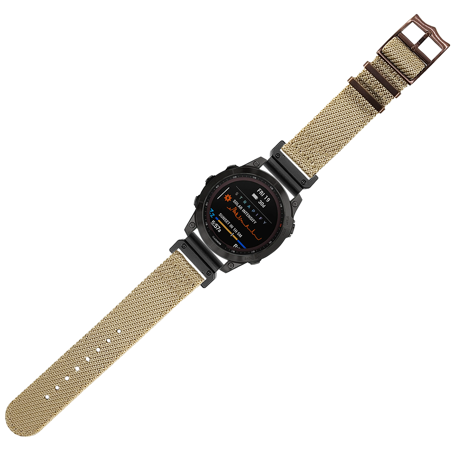 Tactical digital smartwatch with black case and wheat canvas quick-fit band with bronze hardware
