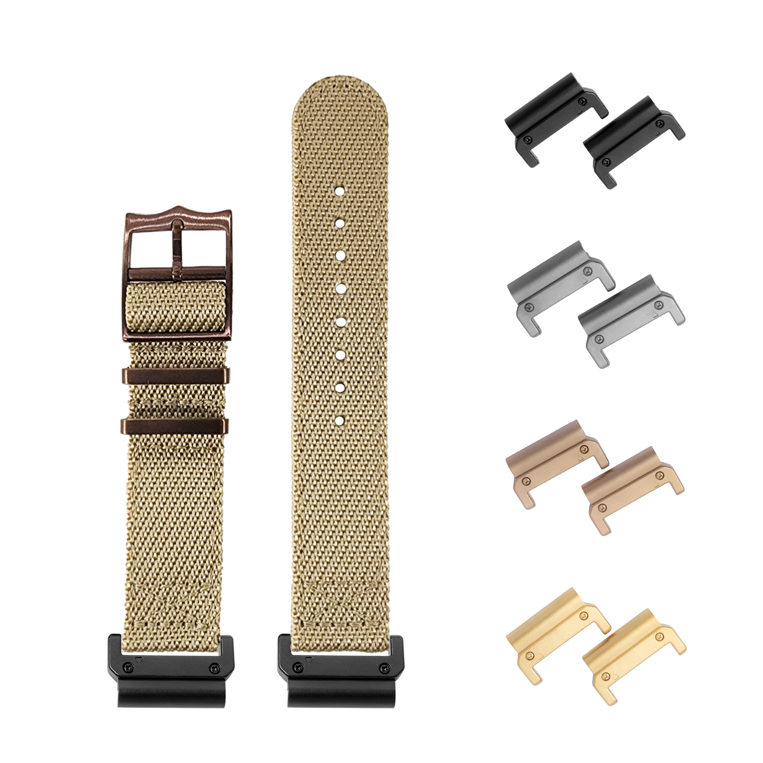 QuickFit Cross Militex wheat canvas watch band 26mm with interchangeable bronze hardware adapters