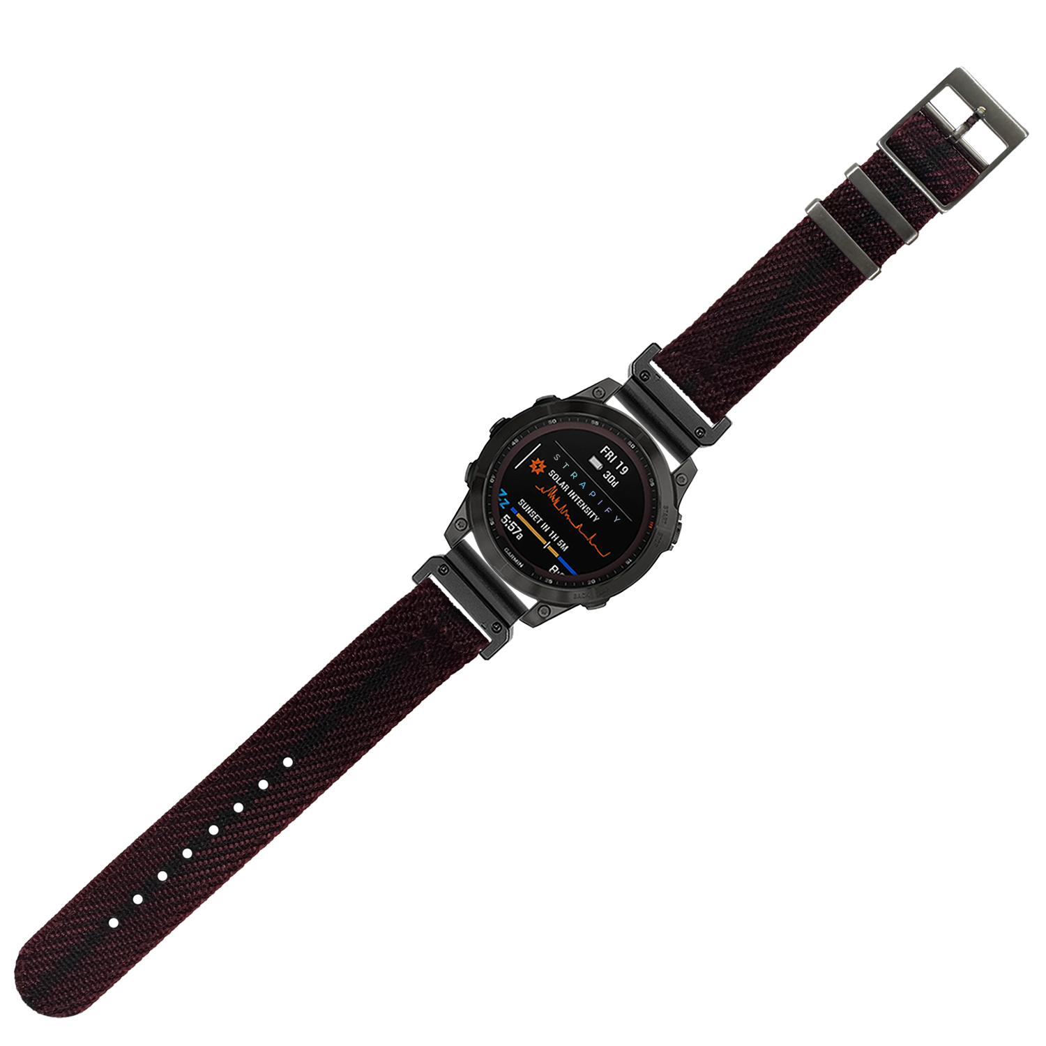 Black digital sports watch with wine red fabric strap and metal hardware, featuring AMOLED display and tactical design