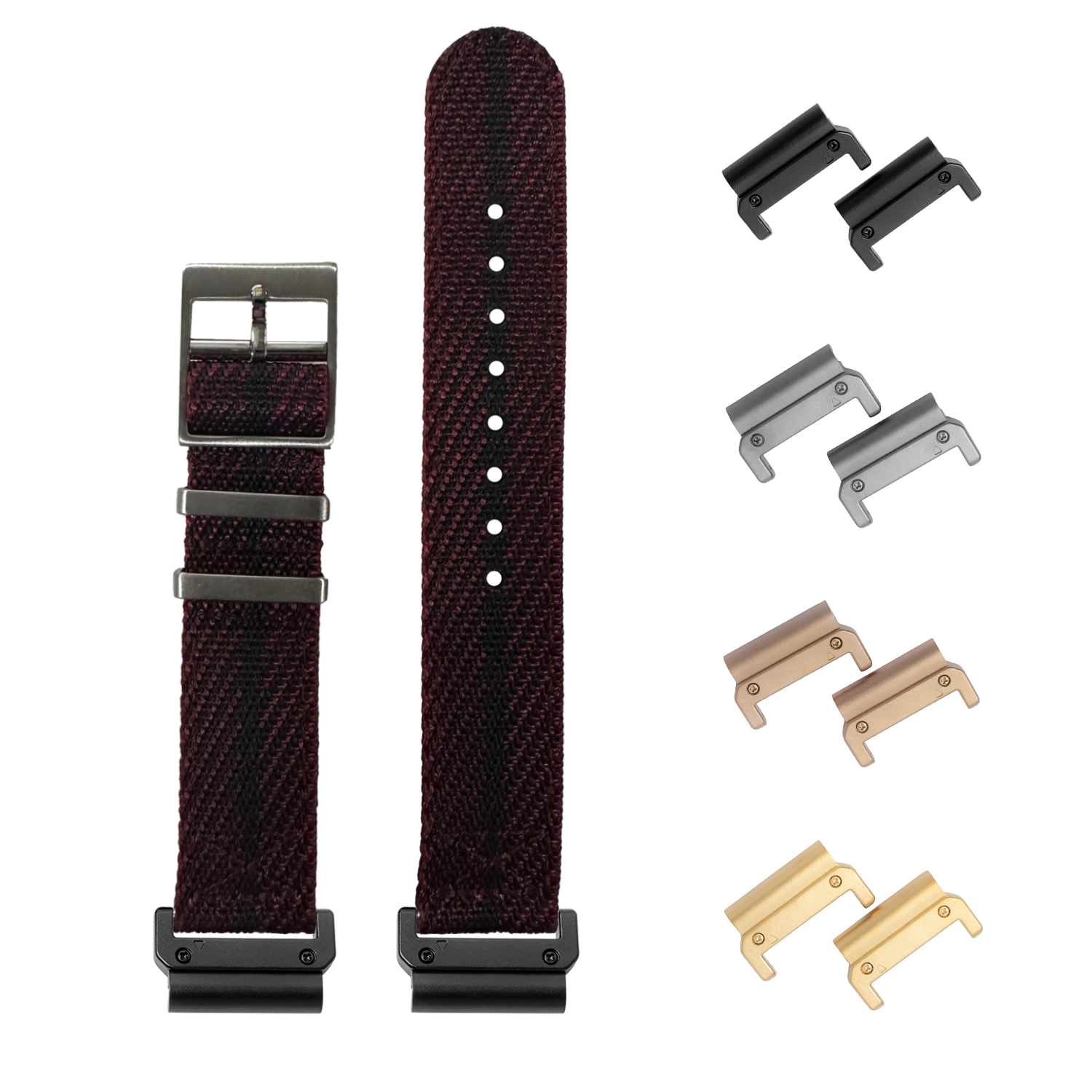 Burgundy woven fabric watch strap with interchangeable metal lugs in black, silver, rose gold and gold finishes for quick adjustment