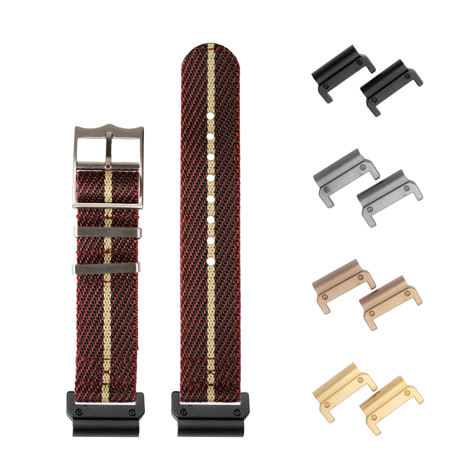 QuickFit Cross Militex wine red and wheat 26mm watch band with interchangeable metal lugs in black, gunmetal, bronze, and gold finishes
