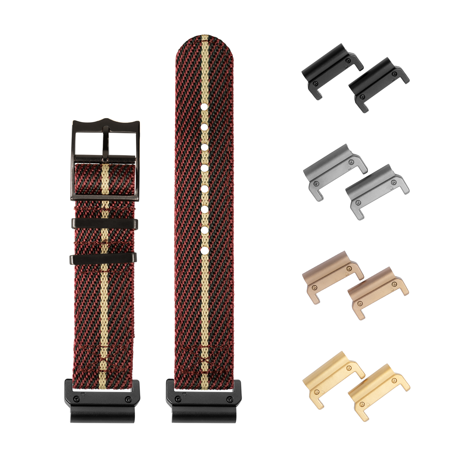 QuickFit Cross Militex wine red and wheat fabric watch band with interchangeable hardware in black, gunmetal, bronze and gold finishes