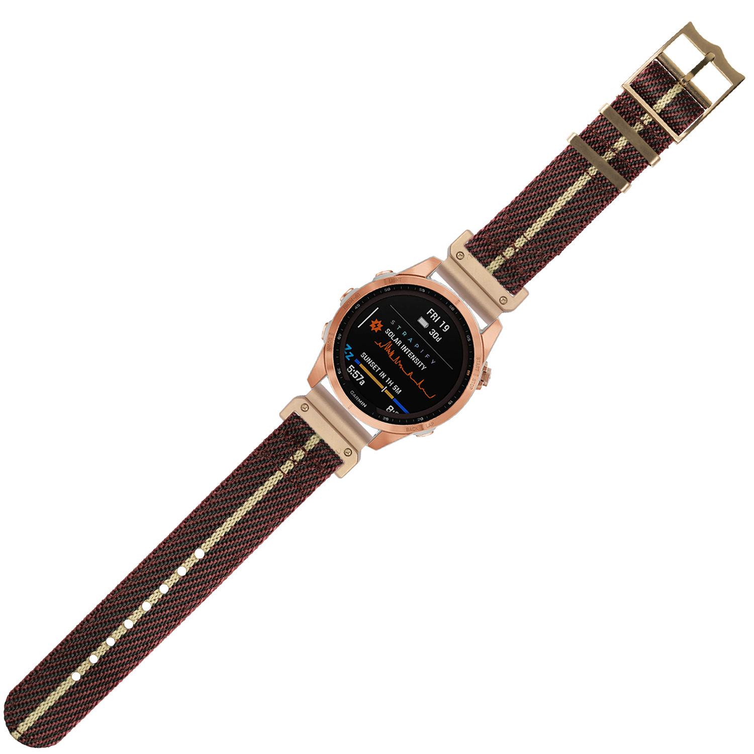 Rose gold military smartwatch with wine red and wheat nylon quick-fit band, digital display showing time and metrics
