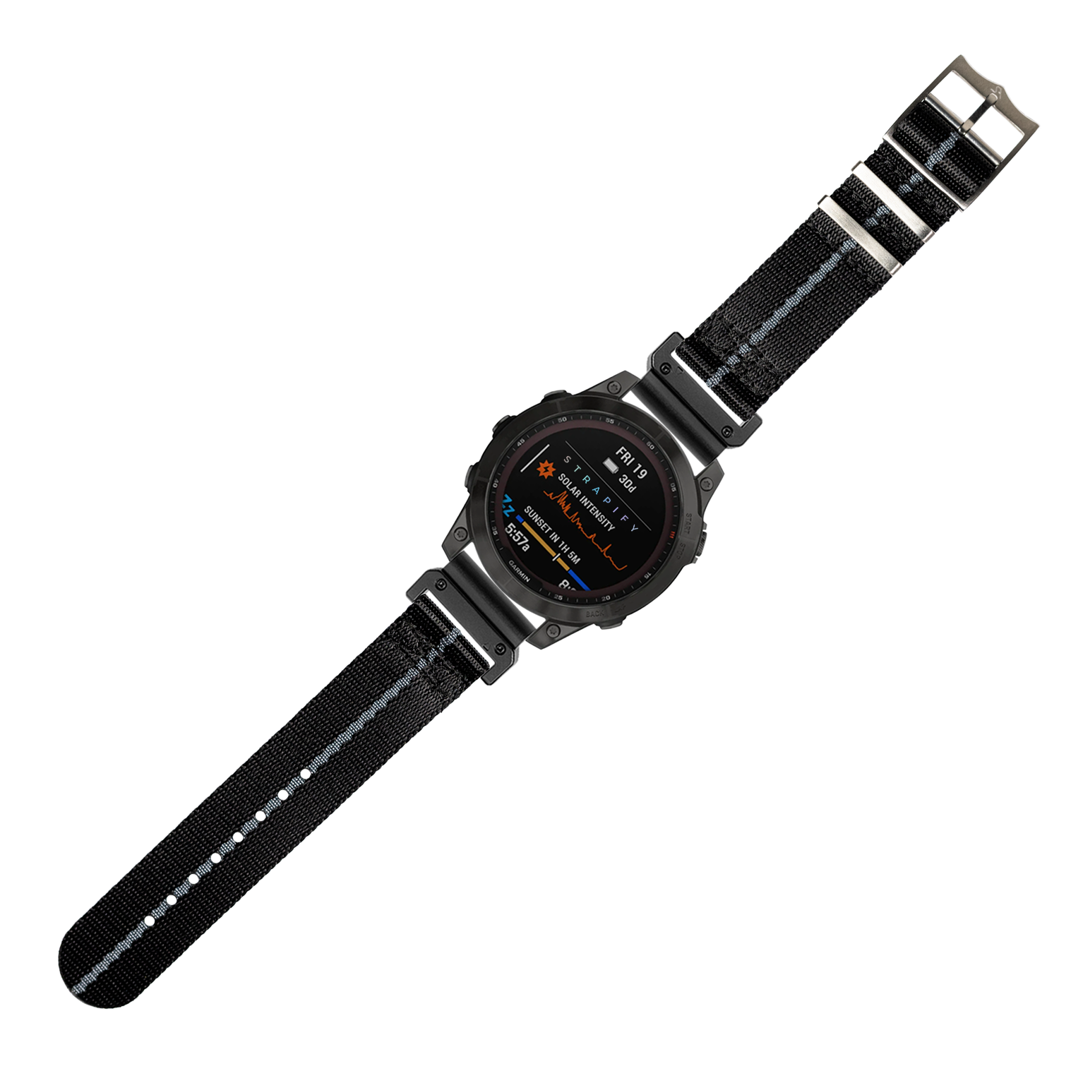 Black tactical smartwatch with AMOLED display and black nylon strap with grey stripes, military-grade design with metal buckle