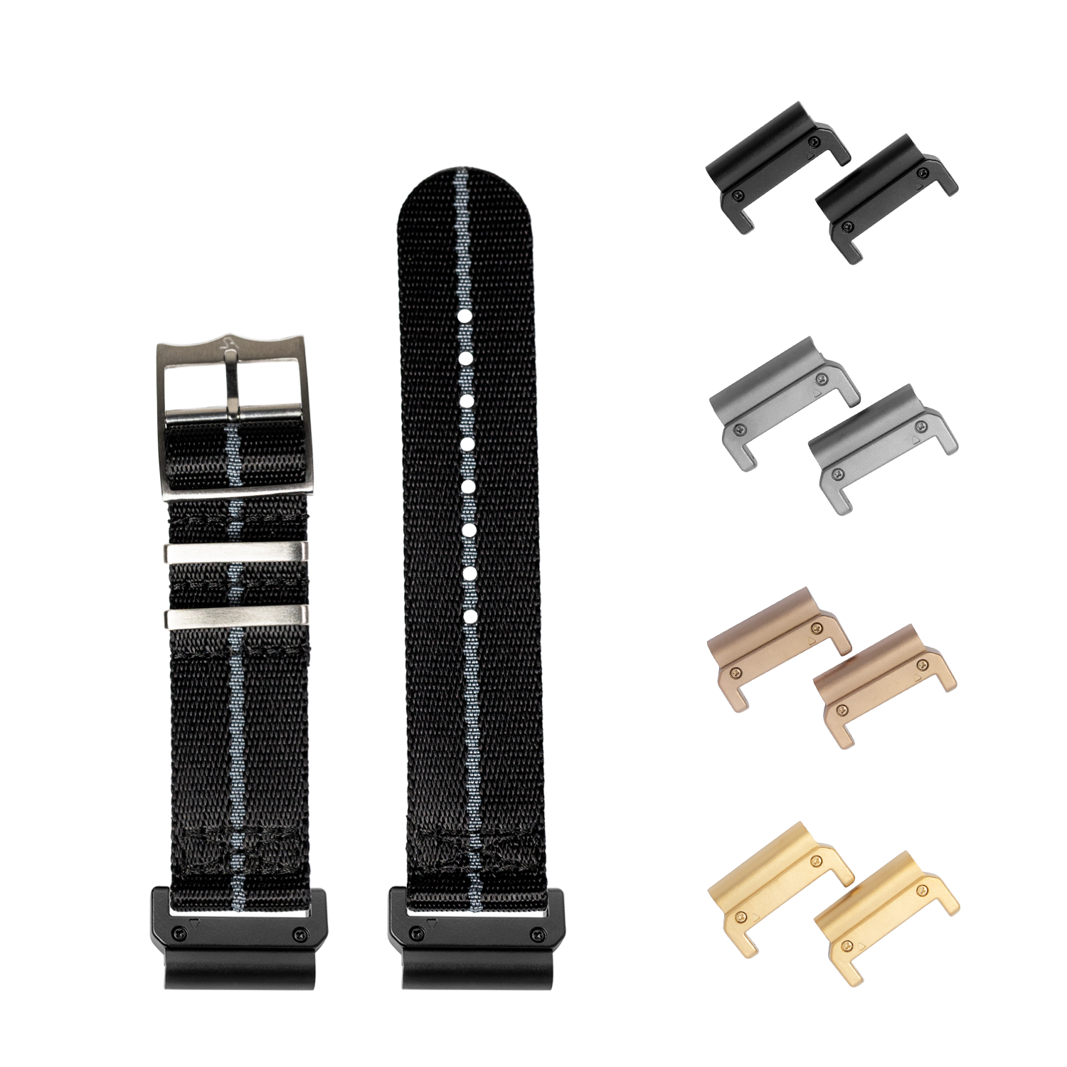 QuickFit Supreme Militex black and grey striped 26mm watch band with interchangeable metal lugs in black, silver, bronze and gold finishes