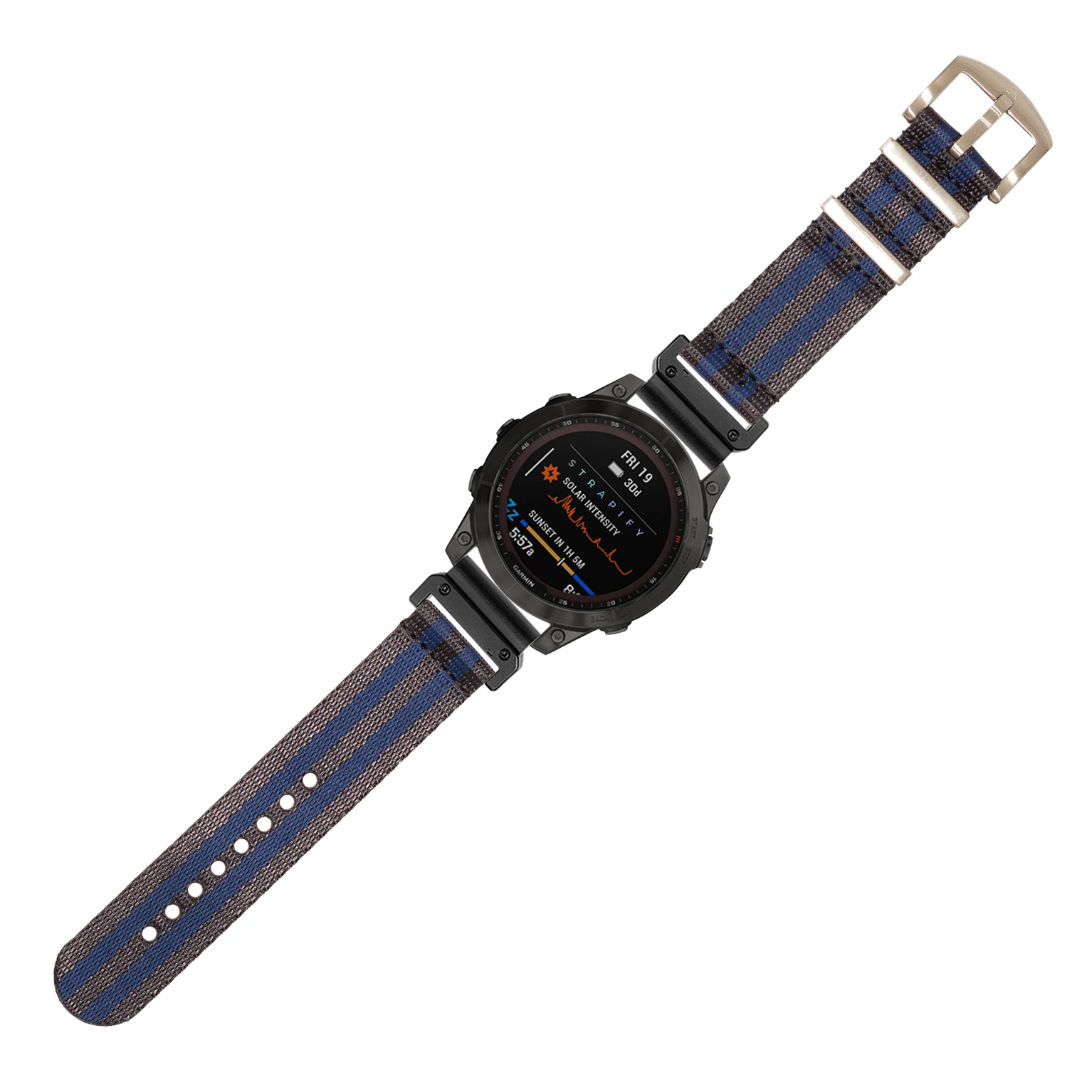 Black rugged smartwatch with dark blue and navy striped fabric strap, displaying AMOLED screen with fitness metrics and military-grade design