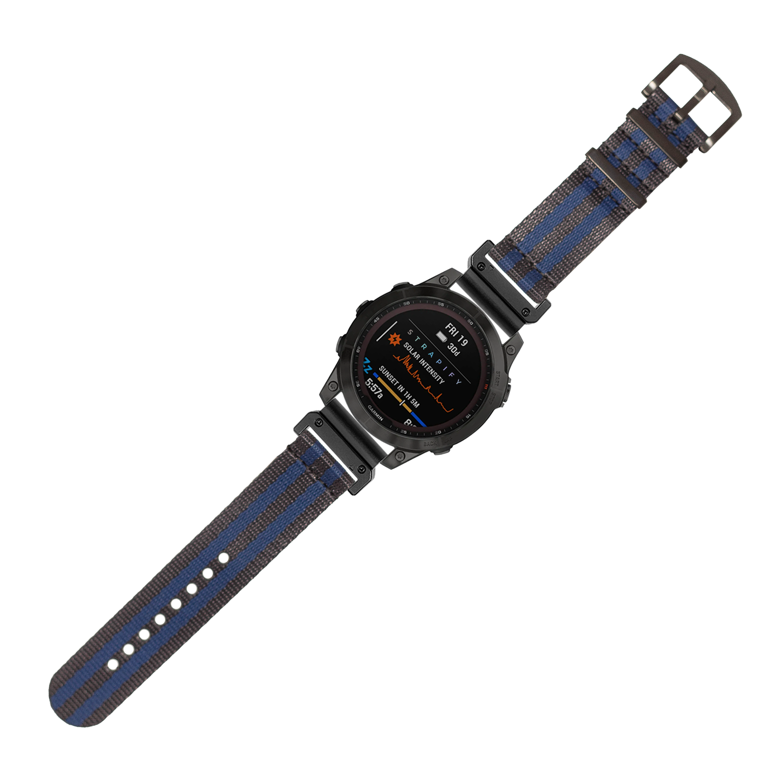 Black digital smartwatch with dark blue and navy nylon strap, featuring AMOLED display and black hardware