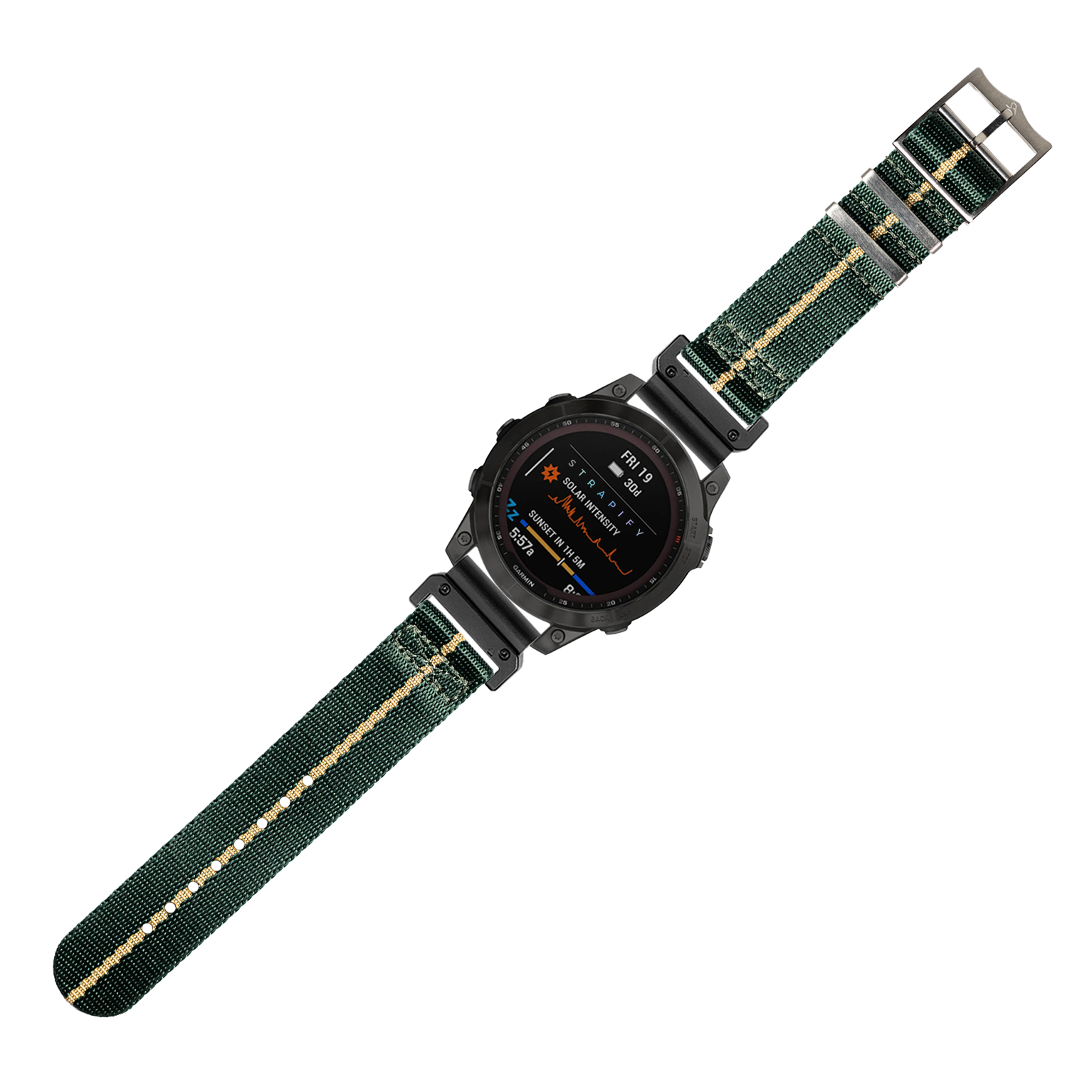Black digital sports watch with green and wheat fabric strap, featuring AMOLED display and tactical military design