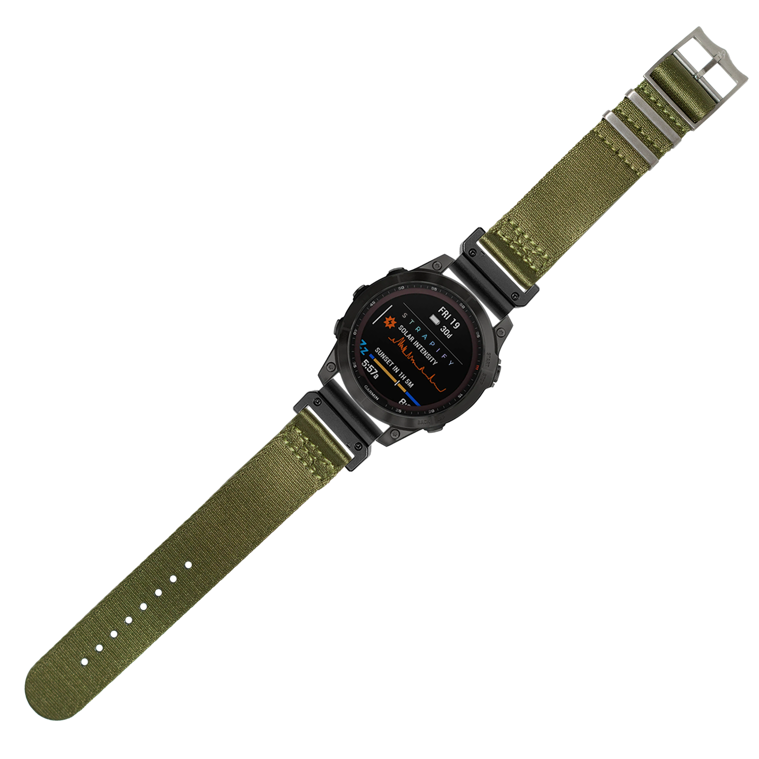 Black digital tactical smartwatch with AMOLED display and army green canvas quick-fit band, military-grade sports watch