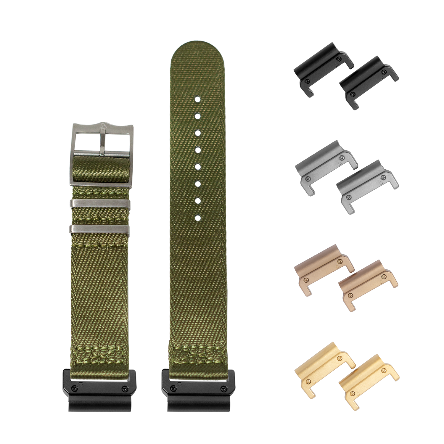 QuickFit Ultra Militex army green nylon watch band with interchangeable metal lugs in black, silver, bronze and gold finishes