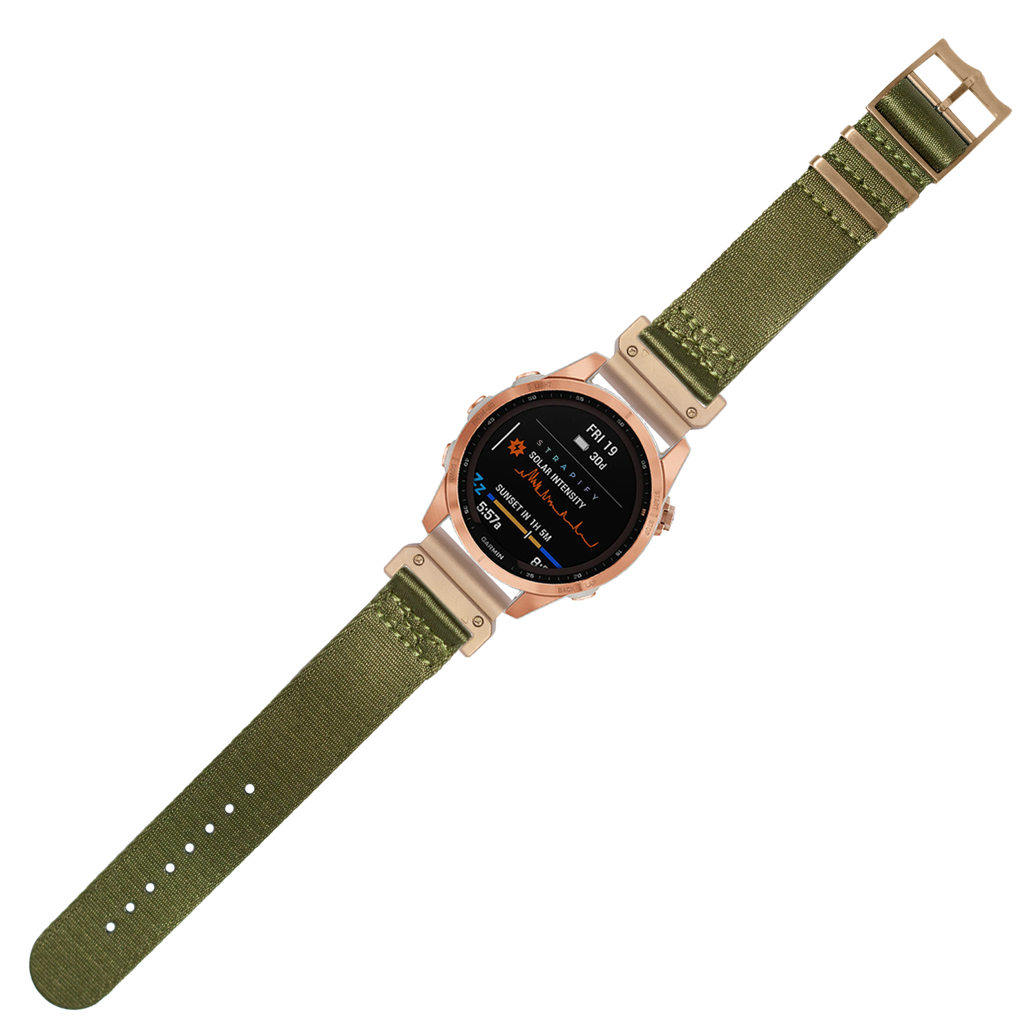 Rose gold tactical smartwatch with olive green fabric strap and digital display showing fitness metrics