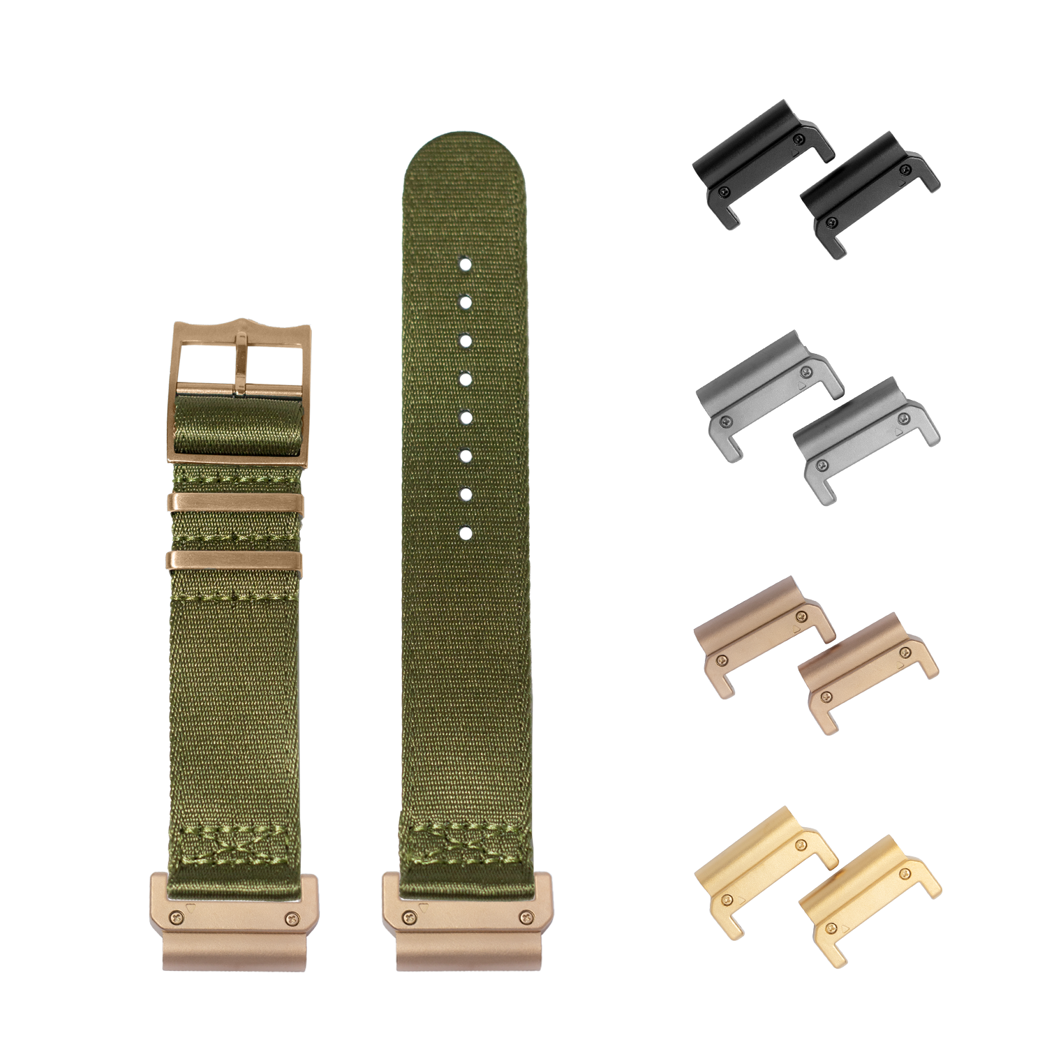 QuickFit Ultra Militex army green watch band 22mm with rose gold hardware, interchangeable buckles and connectors included