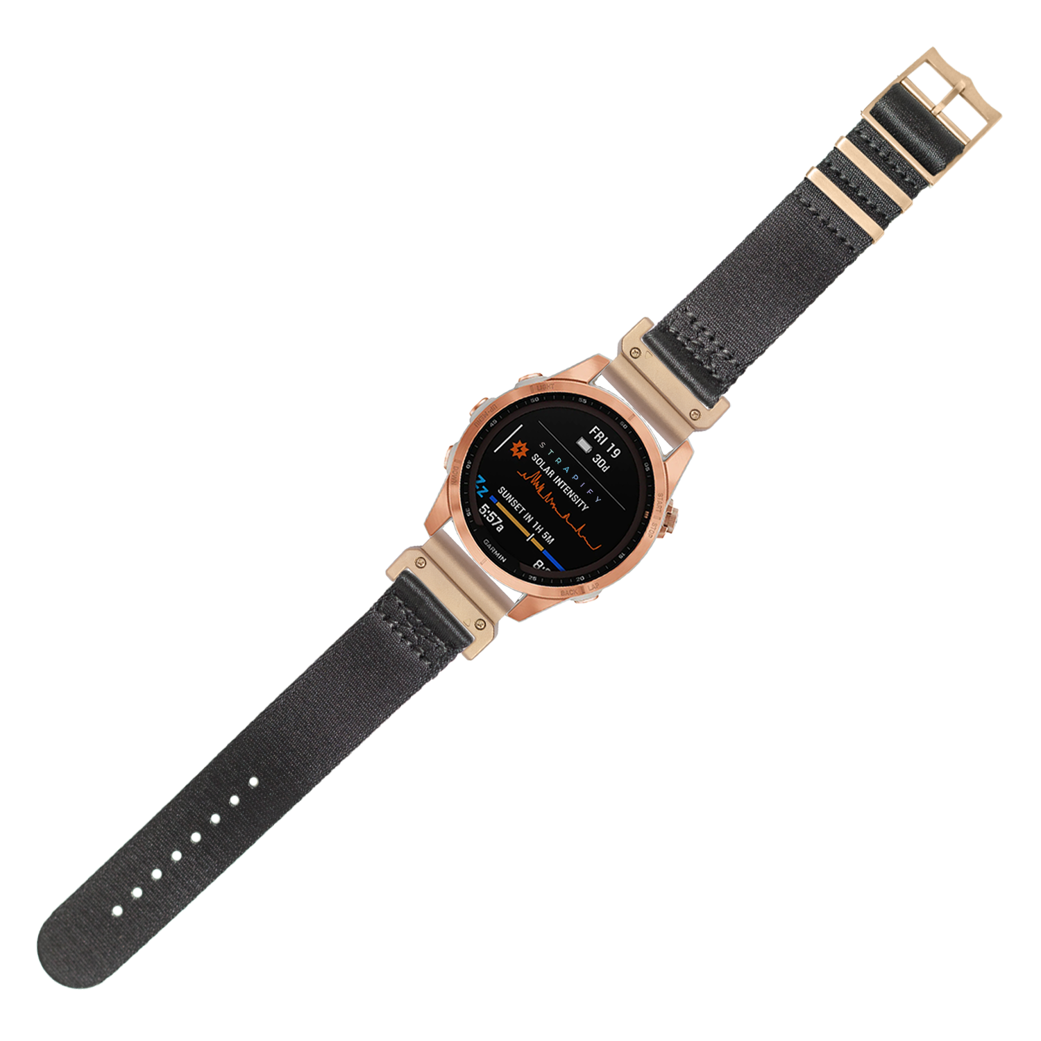 Rose gold smartwatch with black fabric QuickFit strap, AMOLED display showing weather and fitness metrics, military-grade tactical design