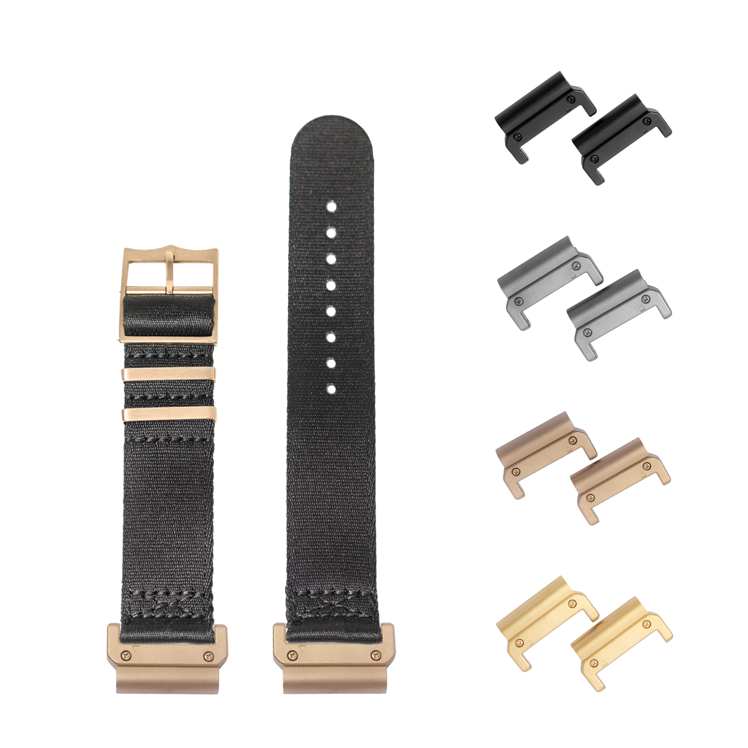 QuickFit Ultra Militex black watch band 22mm with rose gold hardware and interchangeable connector lugs in multiple finishes