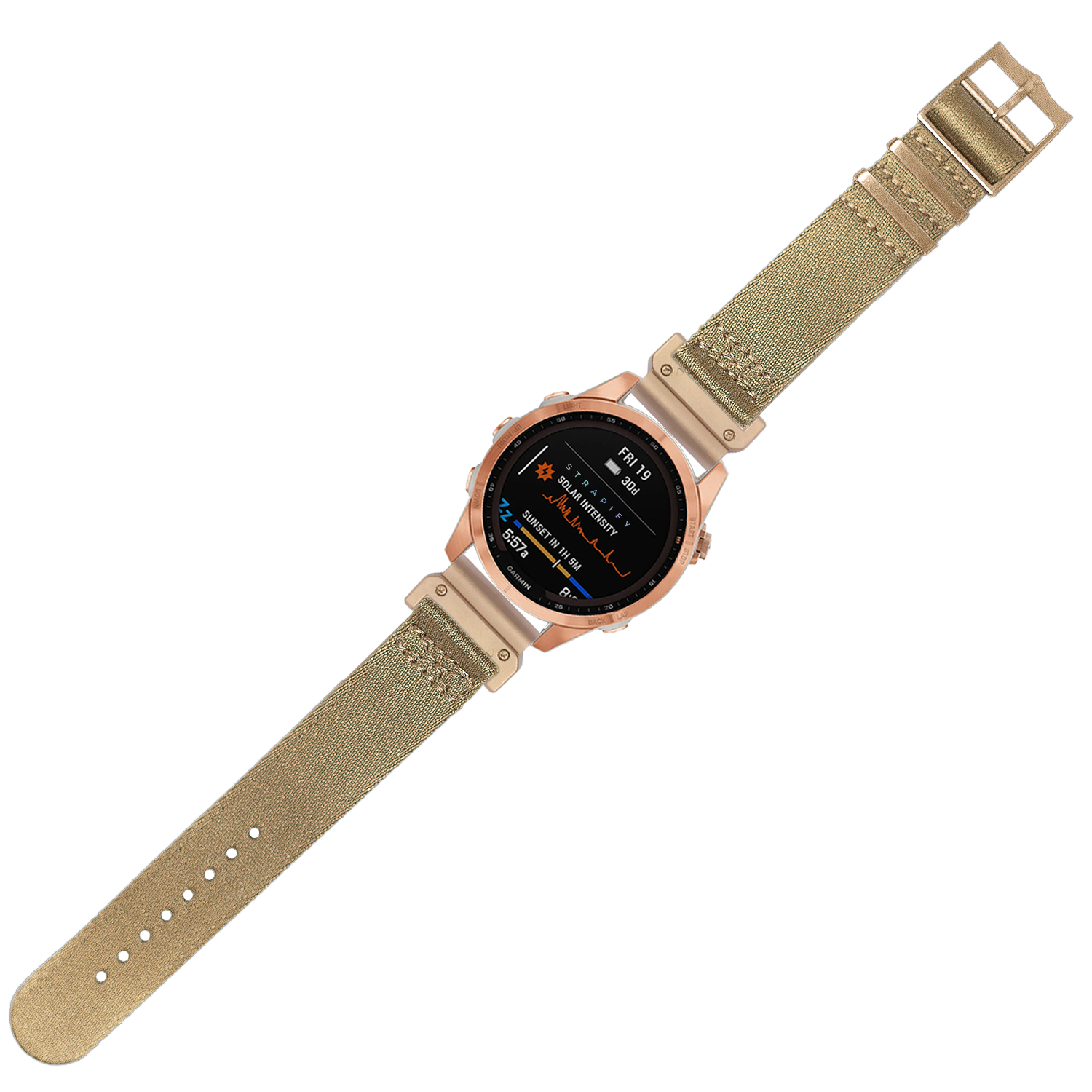 Rose gold tactical smartwatch with desert sand fabric quick-fit band and AMOLED display showing fitness metrics