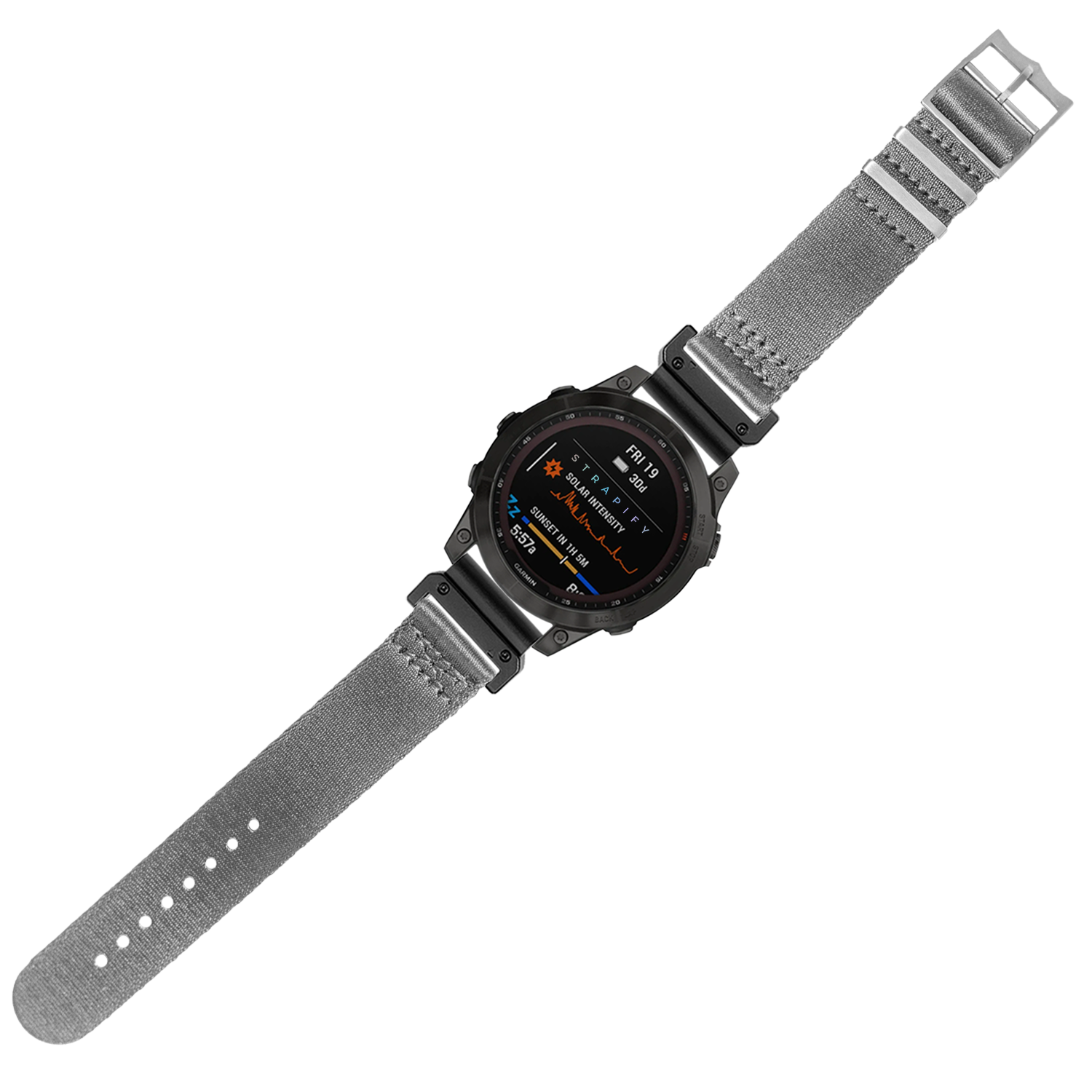 Black digital smartwatch with grey fabric strap, displaying fitness metrics and outdoor activity data on AMOLED screen