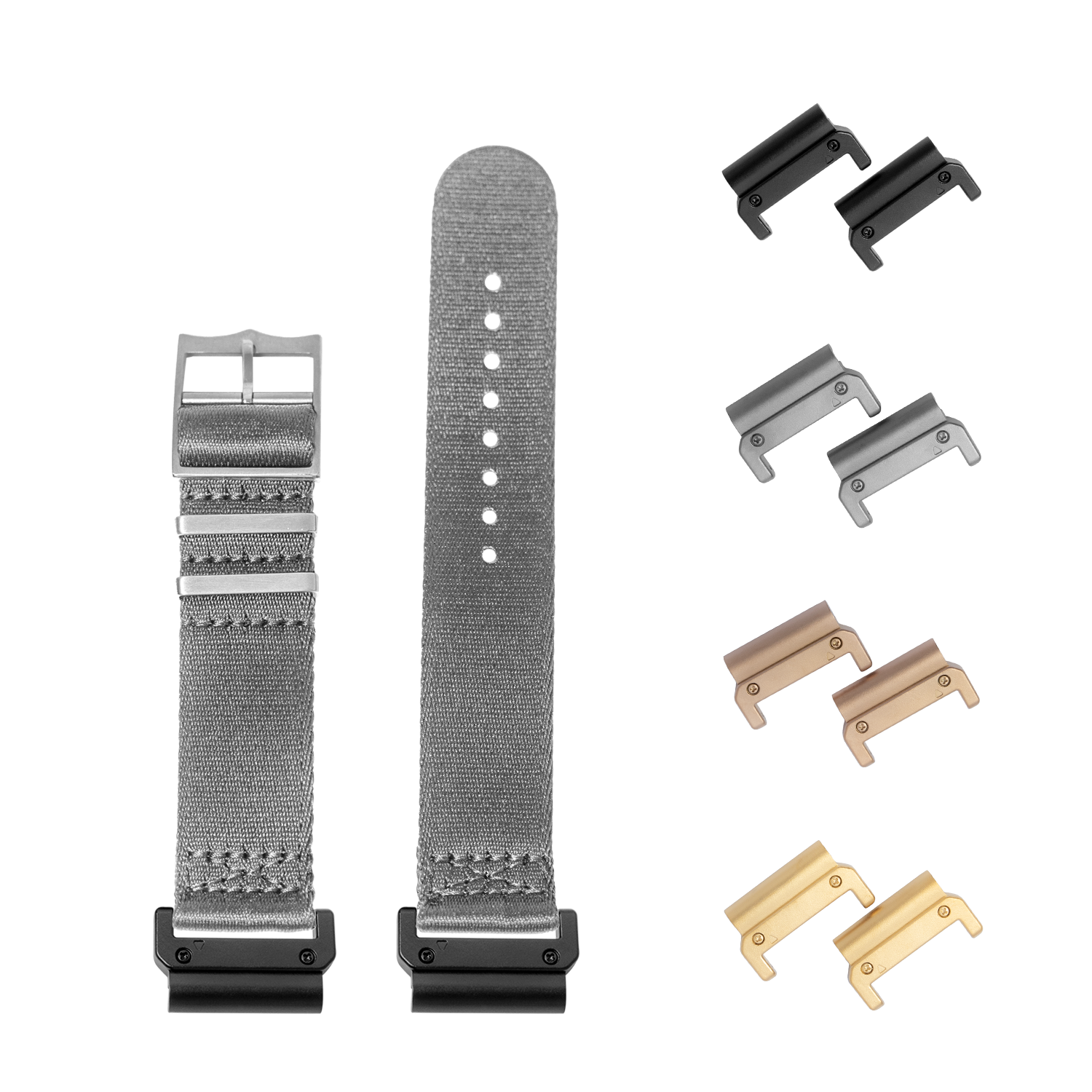 QuickFit Ultra Militex grey 22mm watch band with interchangeable metal lugs in black, silver, rose gold and gold finishes