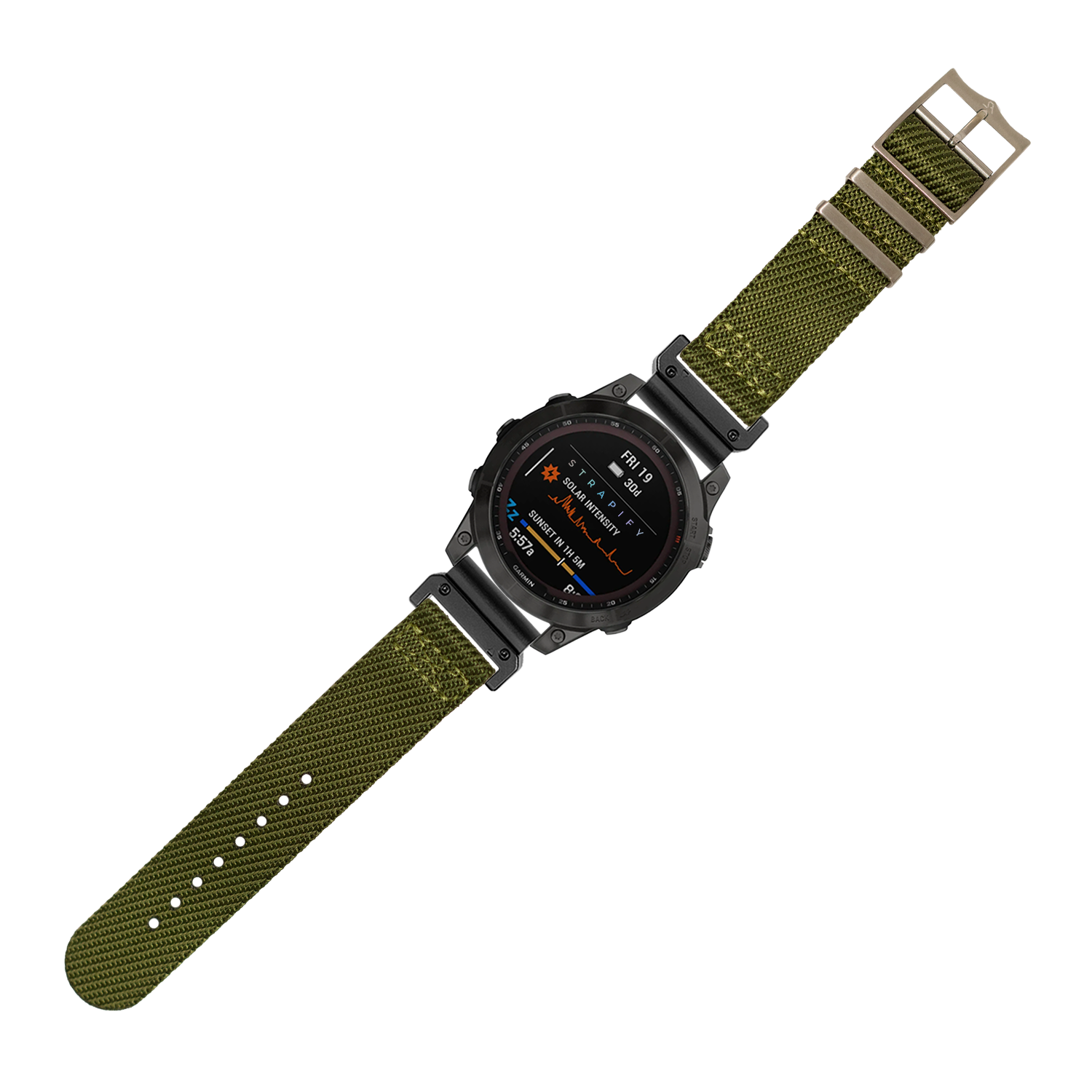 Military tactical smartwatch with black case, AMOLED display, and olive green fabric quick-fit band with metal hardware