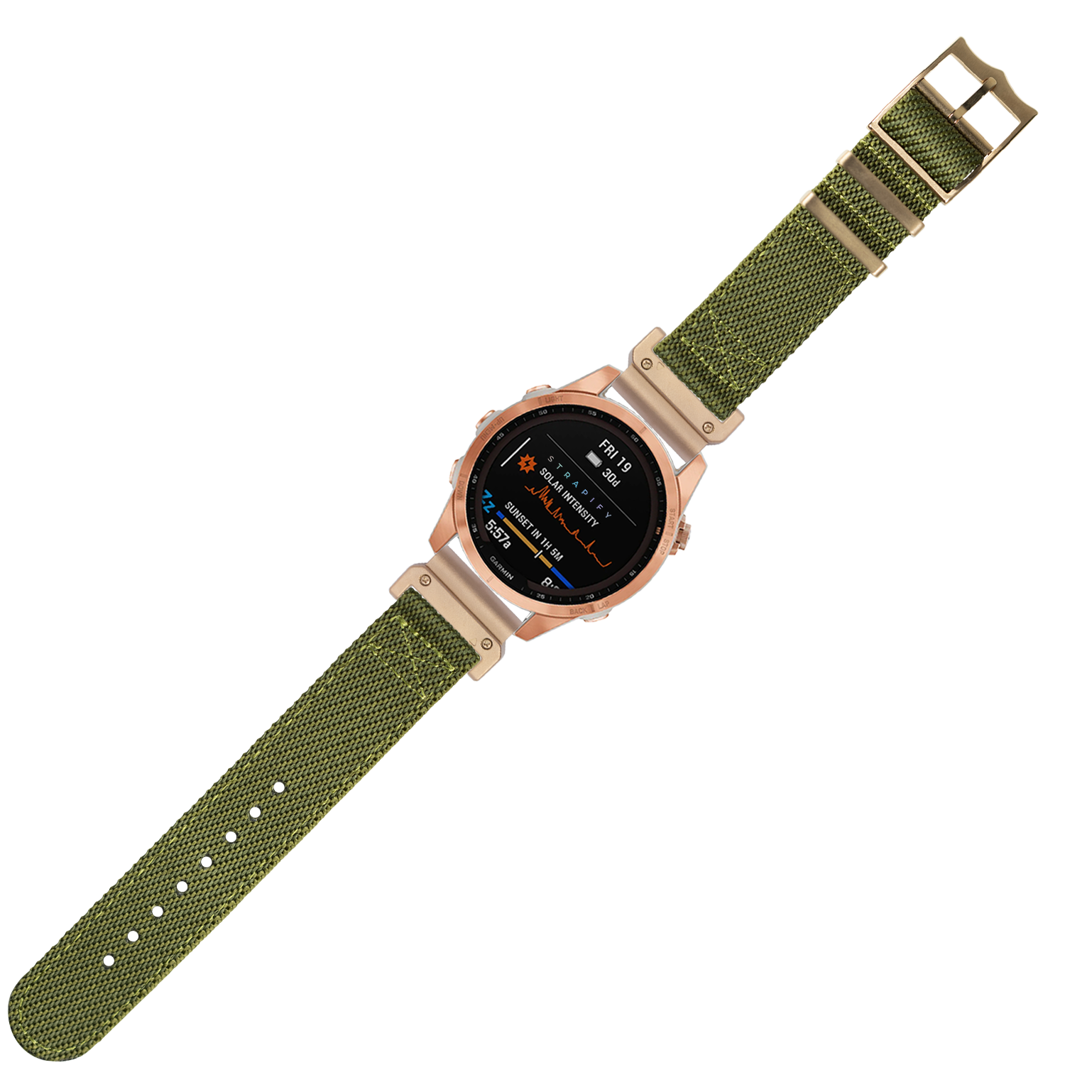 Smartwatch with rose gold case and olive green woven fabric band, digital display showing fitness metrics and date