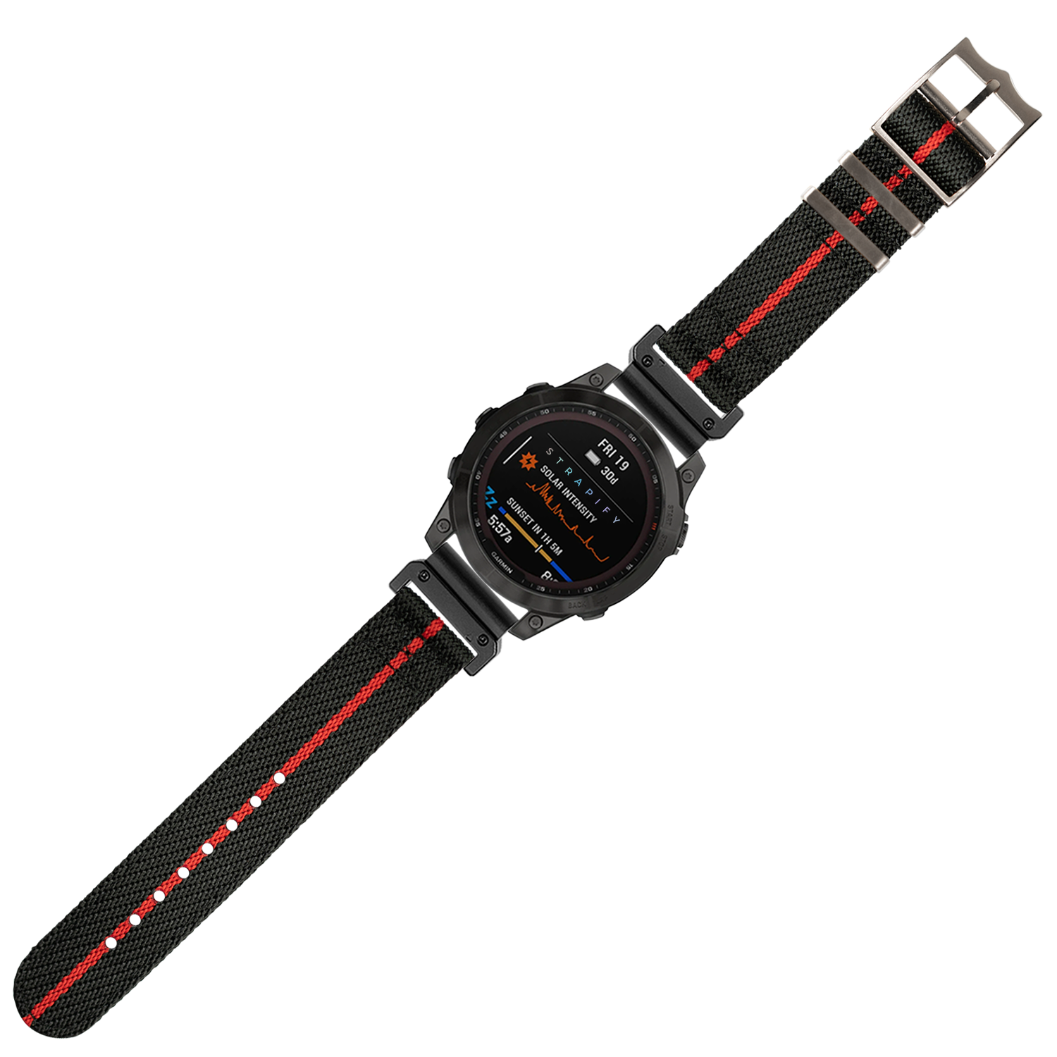 Black and red stripe nylon QuickFit watch band 22mm with stainless steel hardware and deployment clasp for military tactical watches