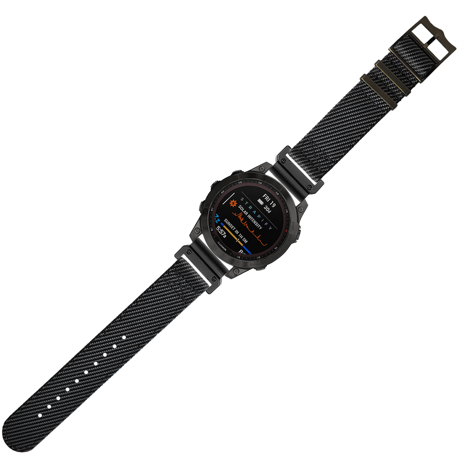 Black tactical smartwatch with digital display, dark grey woven nylon QuickFit strap, and black hardware clasp