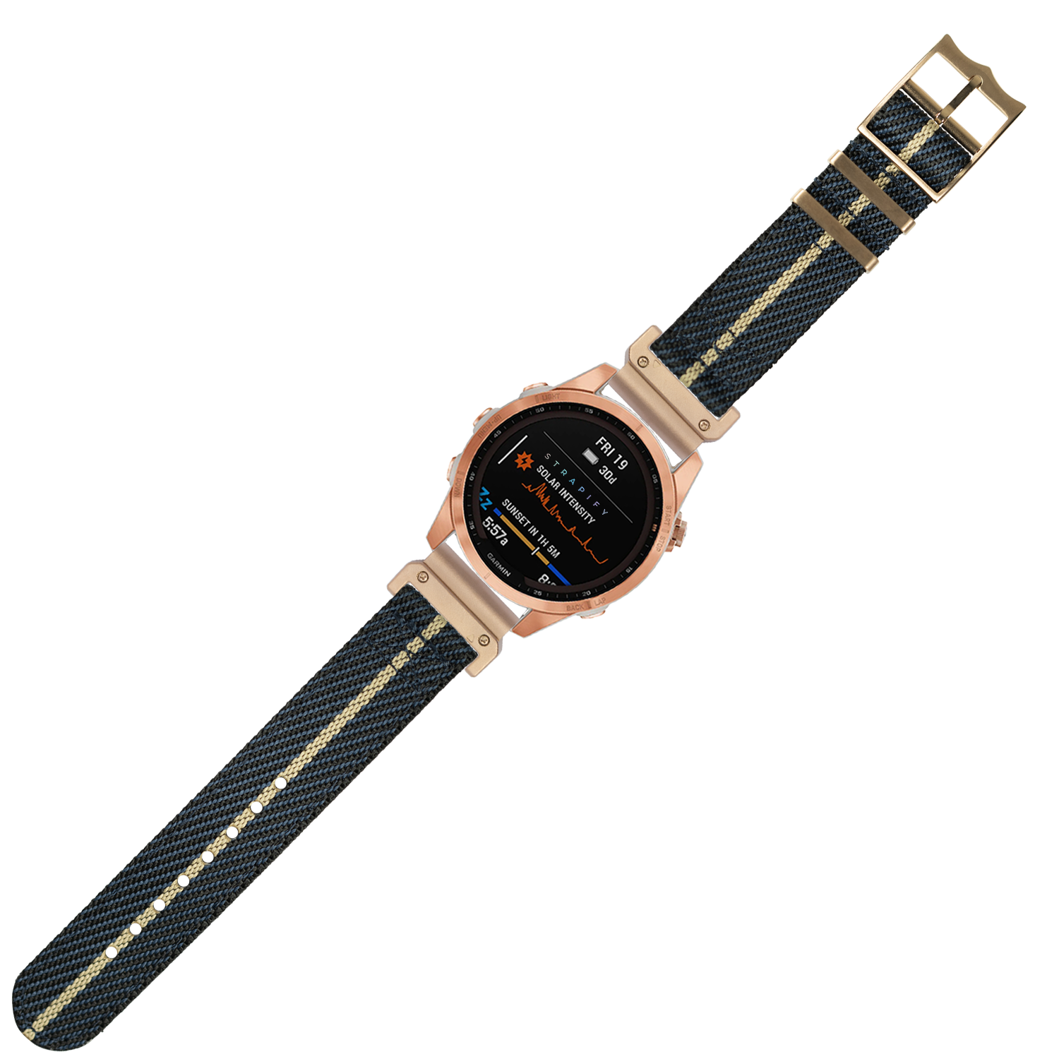 Rose gold smartwatch with black and tan striped fabric band, digital display showing health metrics and day date