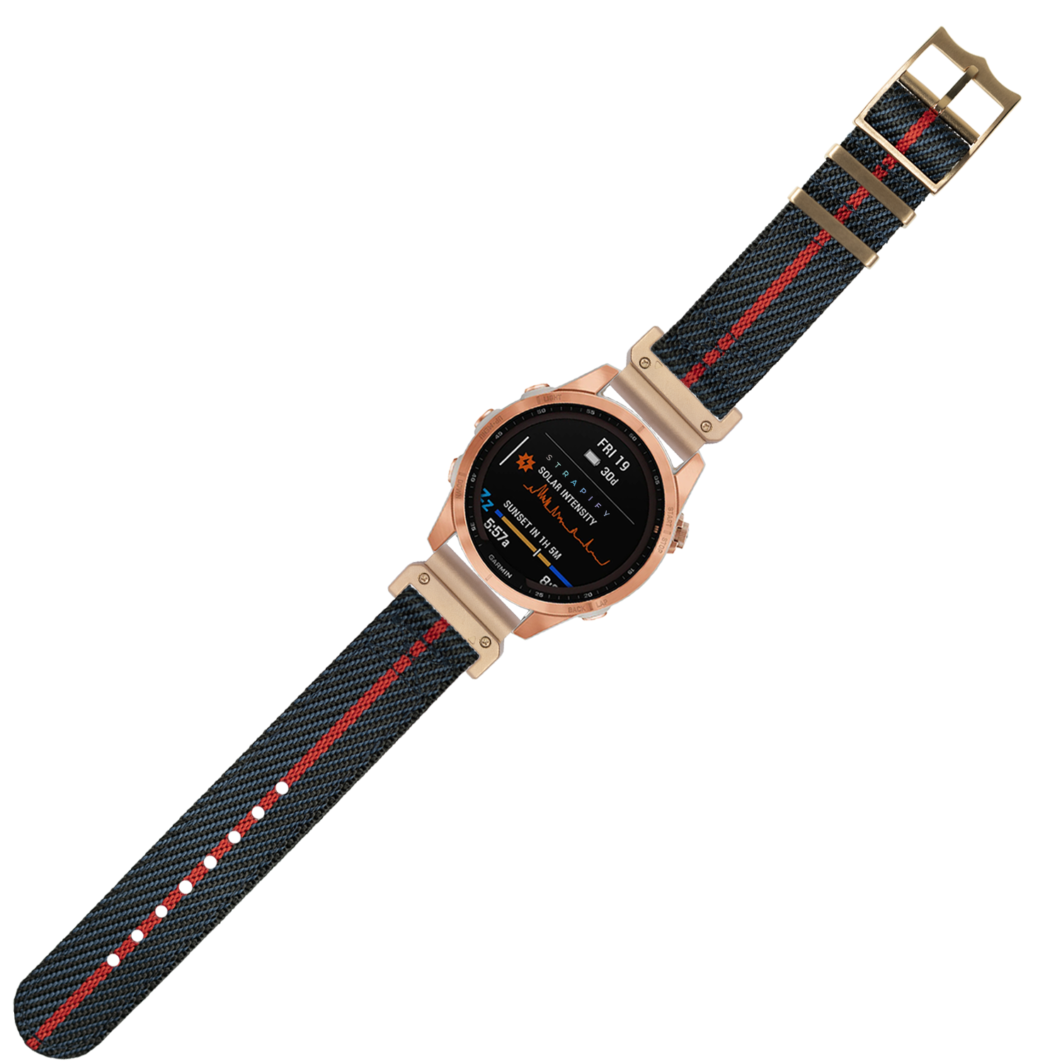 Rose gold smartwatch with black fabric band featuring red stripes and tan hardware, displaying fitness metrics on AMOLED screen