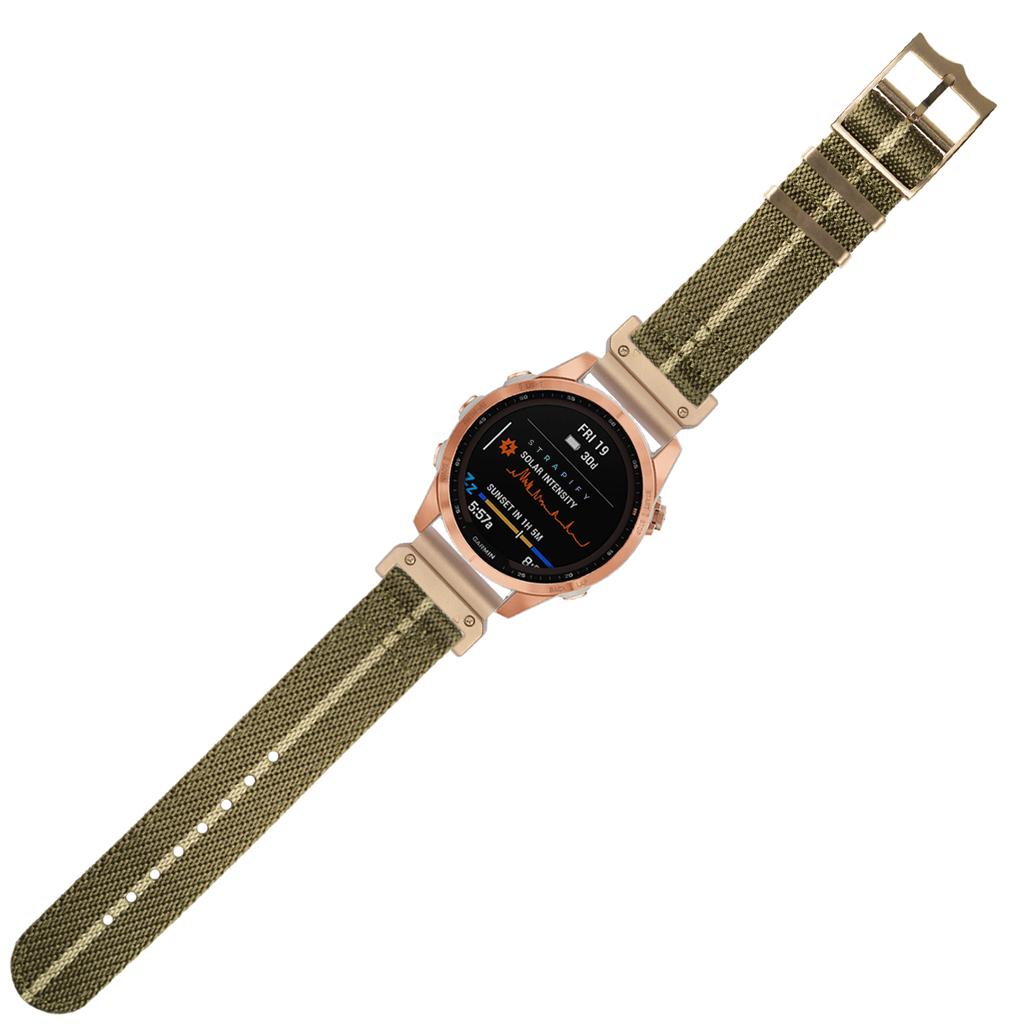 Rose gold smartwatch with black AMOLED display and olive green fabric quick-fit watch band with wheat-colored connector lugs