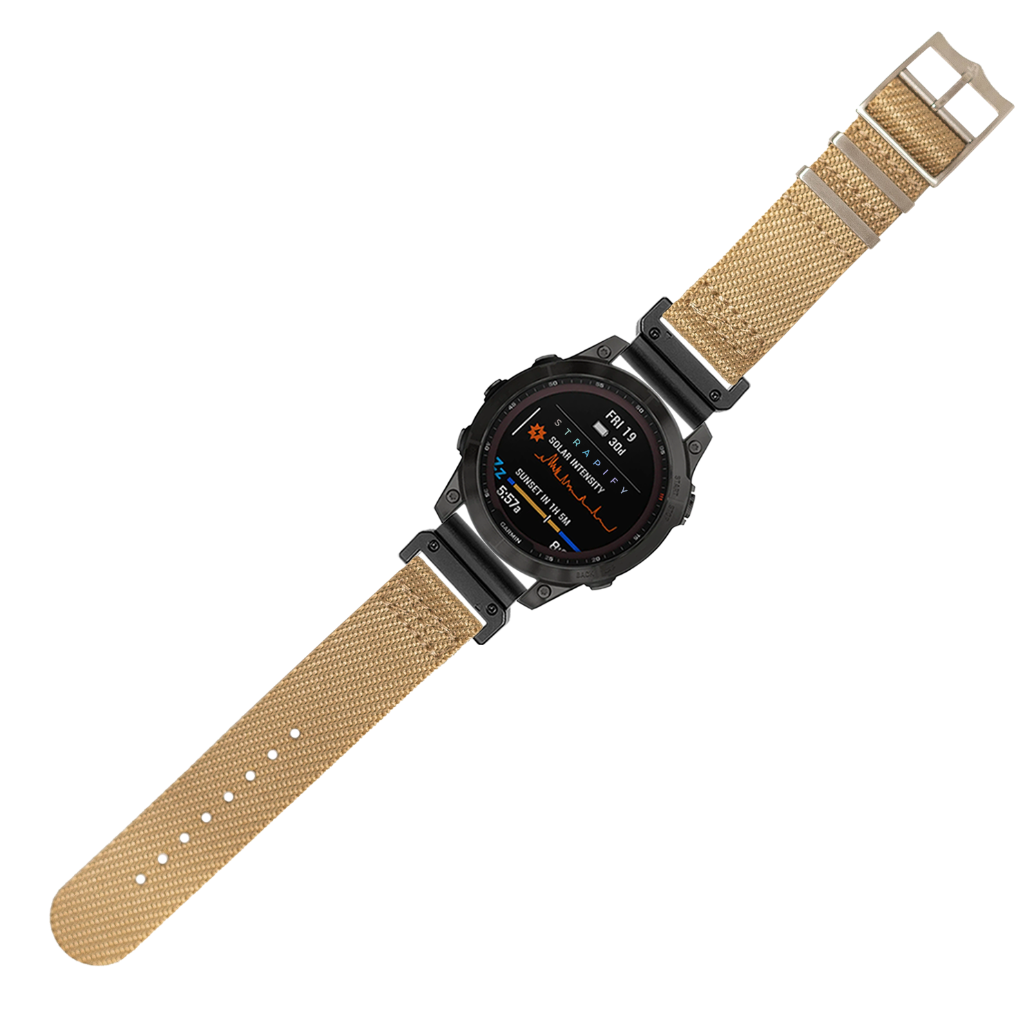 Military smartwatch with black case and wheat-colored canvas fabric quick-fit strap displaying health metrics on screen