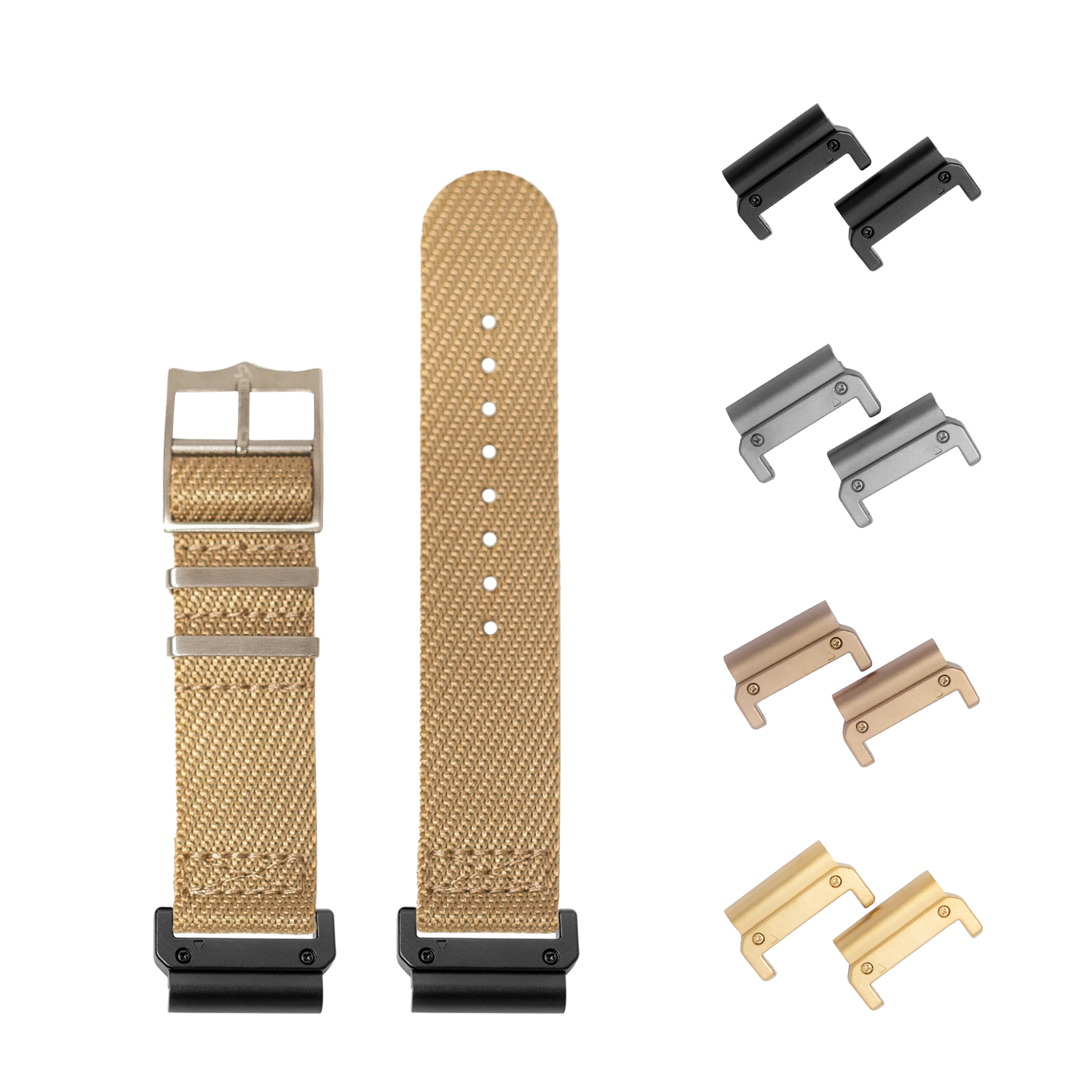 QuickFit Cross Militex wheat fabric watch band 22mm with interchangeable metal lugs in black, silver, bronze and gold finishes