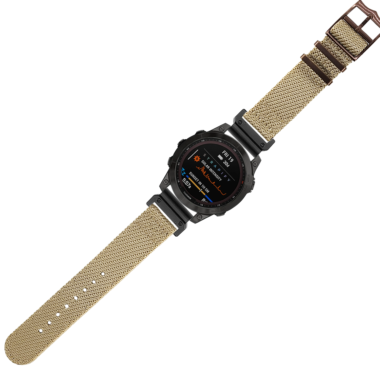 Tactical smartwatch with black digital display and beige fabric strap featuring bronze hardware, military-style design