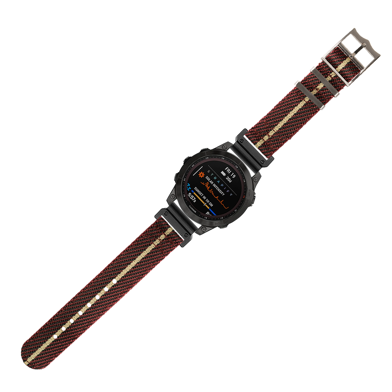 Black digital tactical watch with wine red and wheat striped nylon QuickFit band, AMOLED display showing fitness metrics