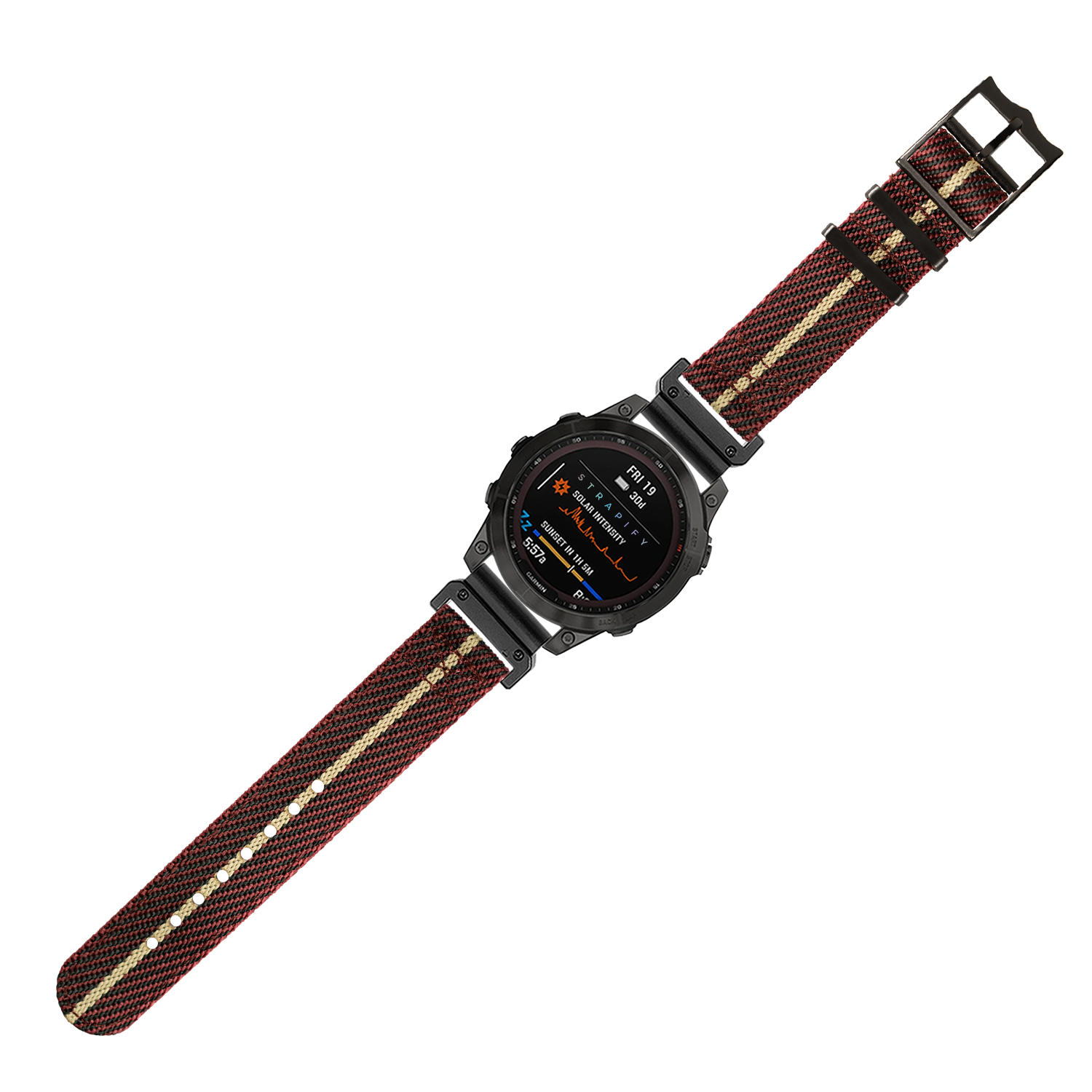Black digital smartwatch with wine red and wheat striped fabric strap and black hardware on white background