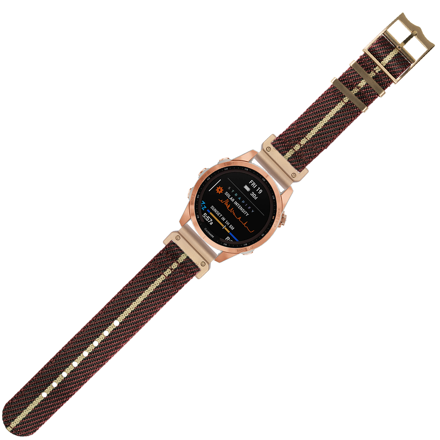 Rose gold smartwatch with wine red and wheat nylon military band, digital display showing data, QuickFit 22mm cross militex strap