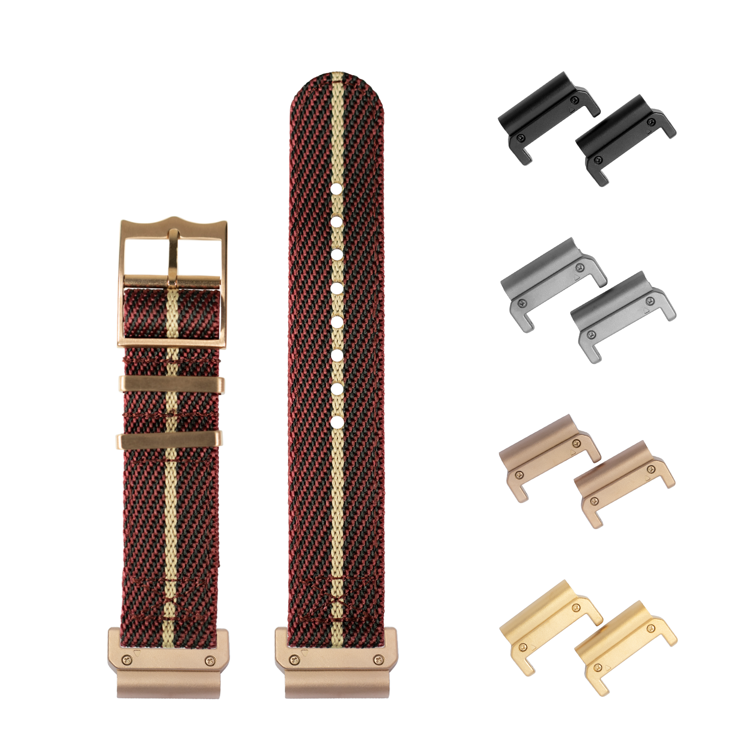QuickFit Cross Militex watch band wine red wheat stripe with rose gold hardware and interchangeable connector lugs 22mm