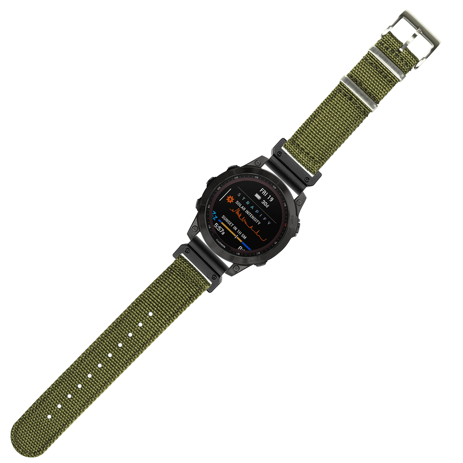 Tactical smartwatch with black digital display and olive green fabric band with QuickFit connector, featuring military-style design