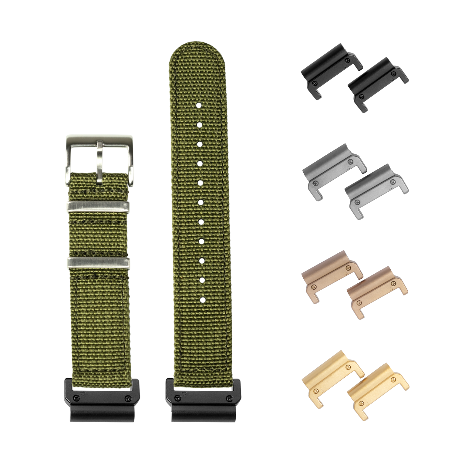 QuickFit Alpha Militex army green 22mm watch band with interchangeable metal connectors in black, silver, bronze and gold finishes