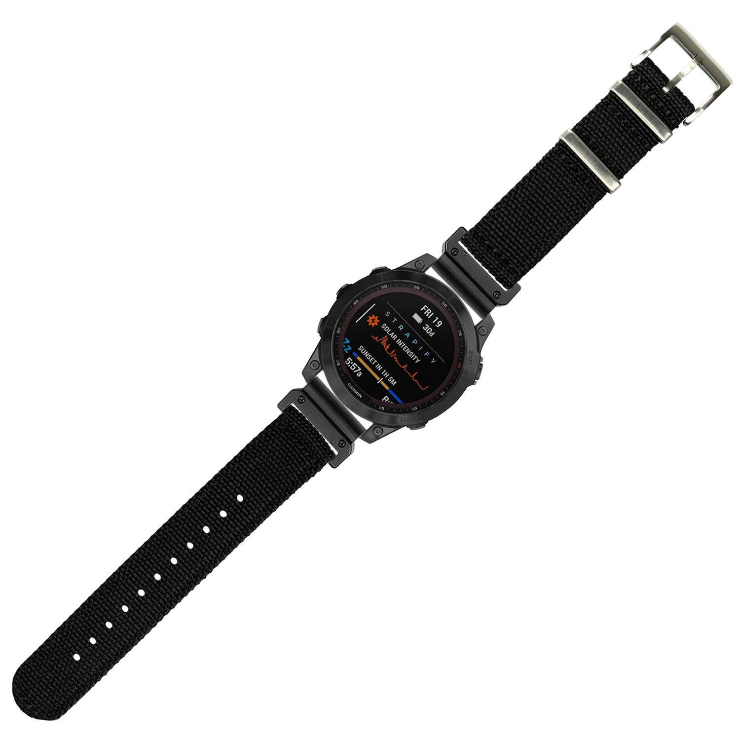 Black military tactical smartwatch with digital display and black fabric strap