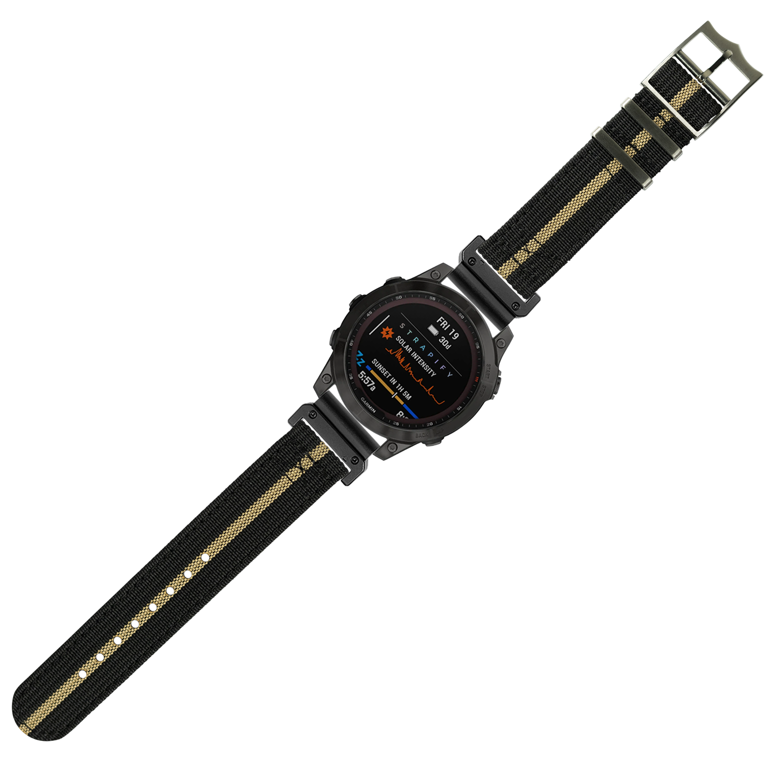 Military tactical smartwatch with black digital display and olive green canvas band with tan stripe, QuickFit system