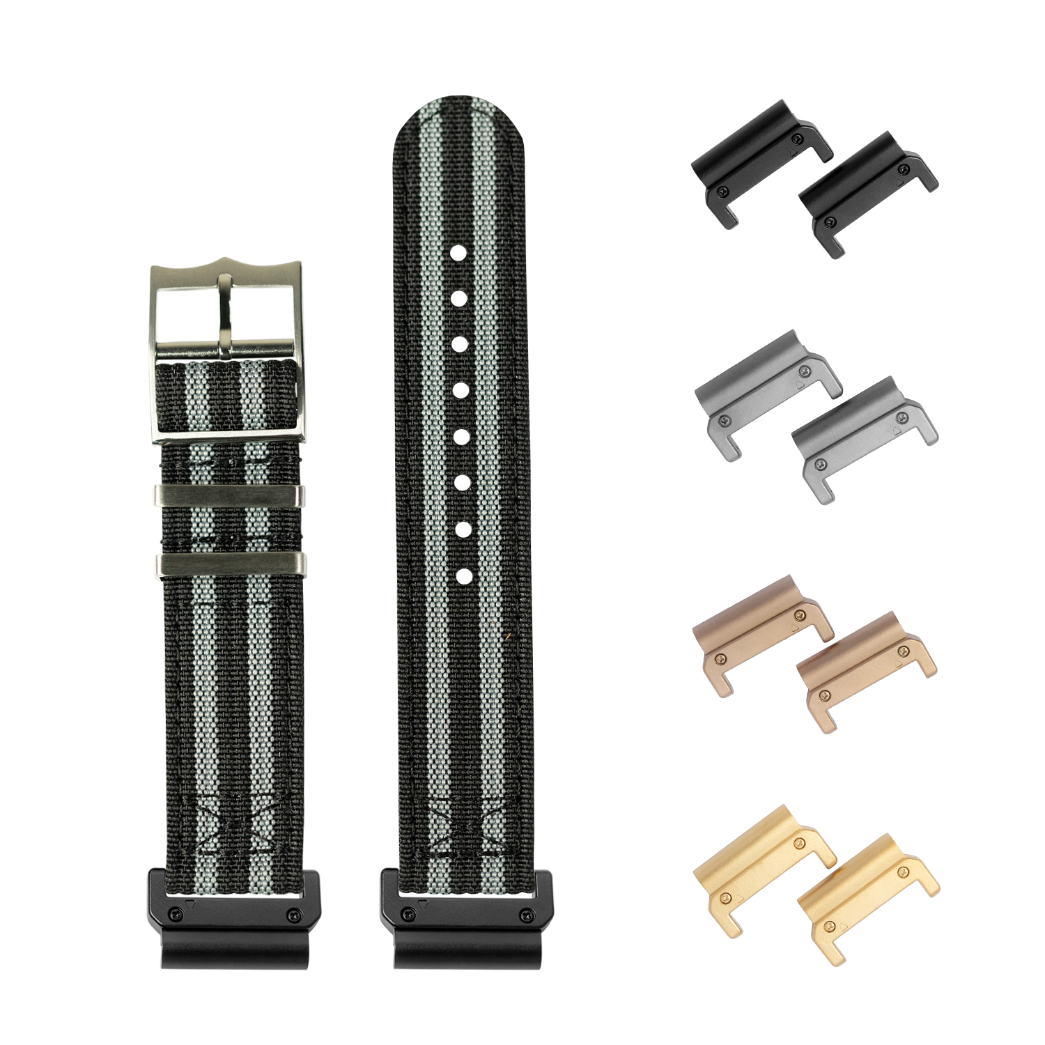 QuickFit Alpha Militex Bond 22mm watch straps with interchangeable metal keepers in black, gray, bronze and gold finishes