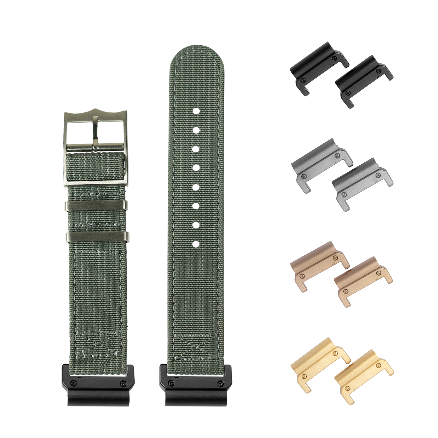 QuickFit Alpha Militex dark grey nylon watch straps with interchangeable metal buckles in multiple finishes