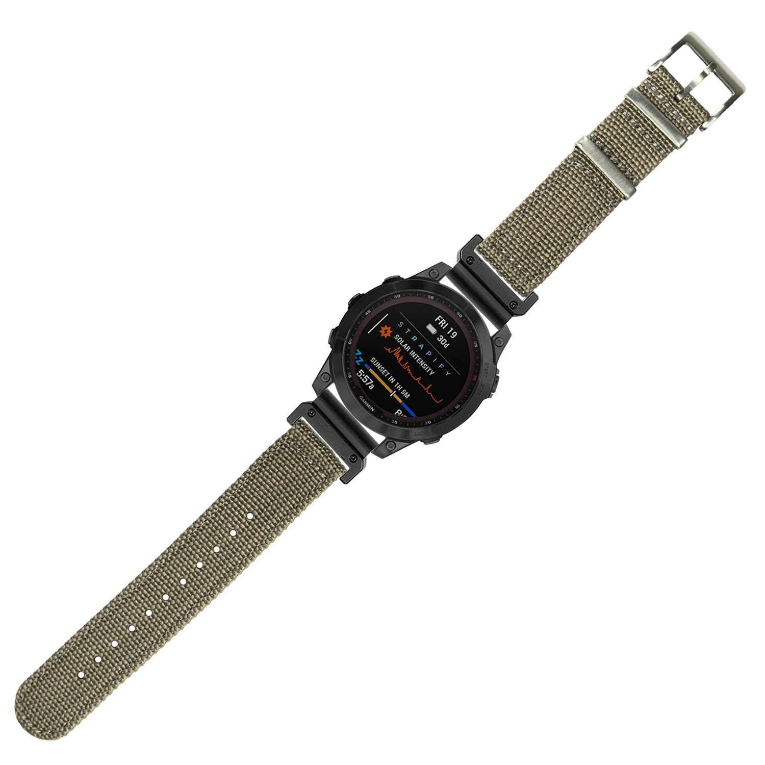 Tactical smartwatch with black digital display and desert sand woven nylon QuickFit band with metal hardware