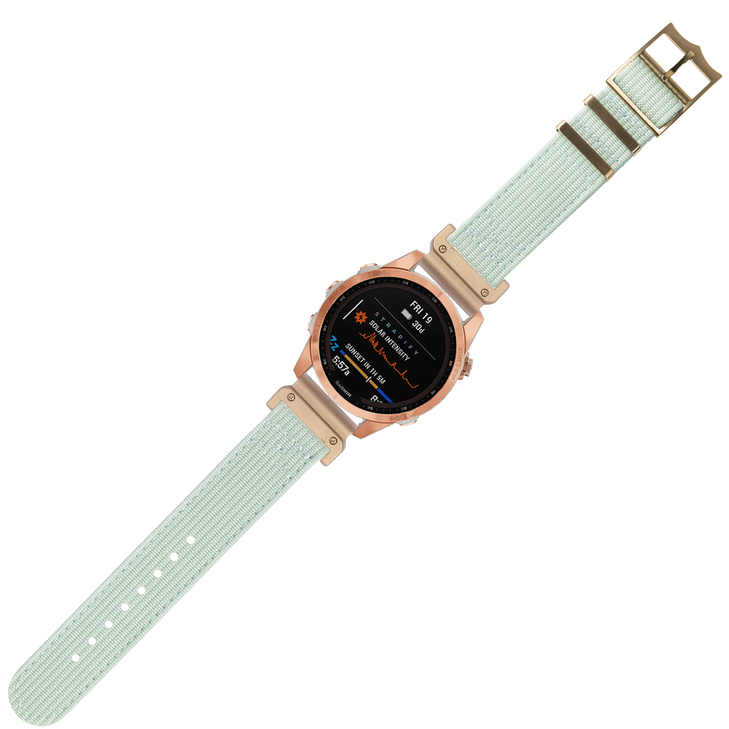 Rose gold smartwatch with light blue fabric QuickFit band and digital display showing health metrics